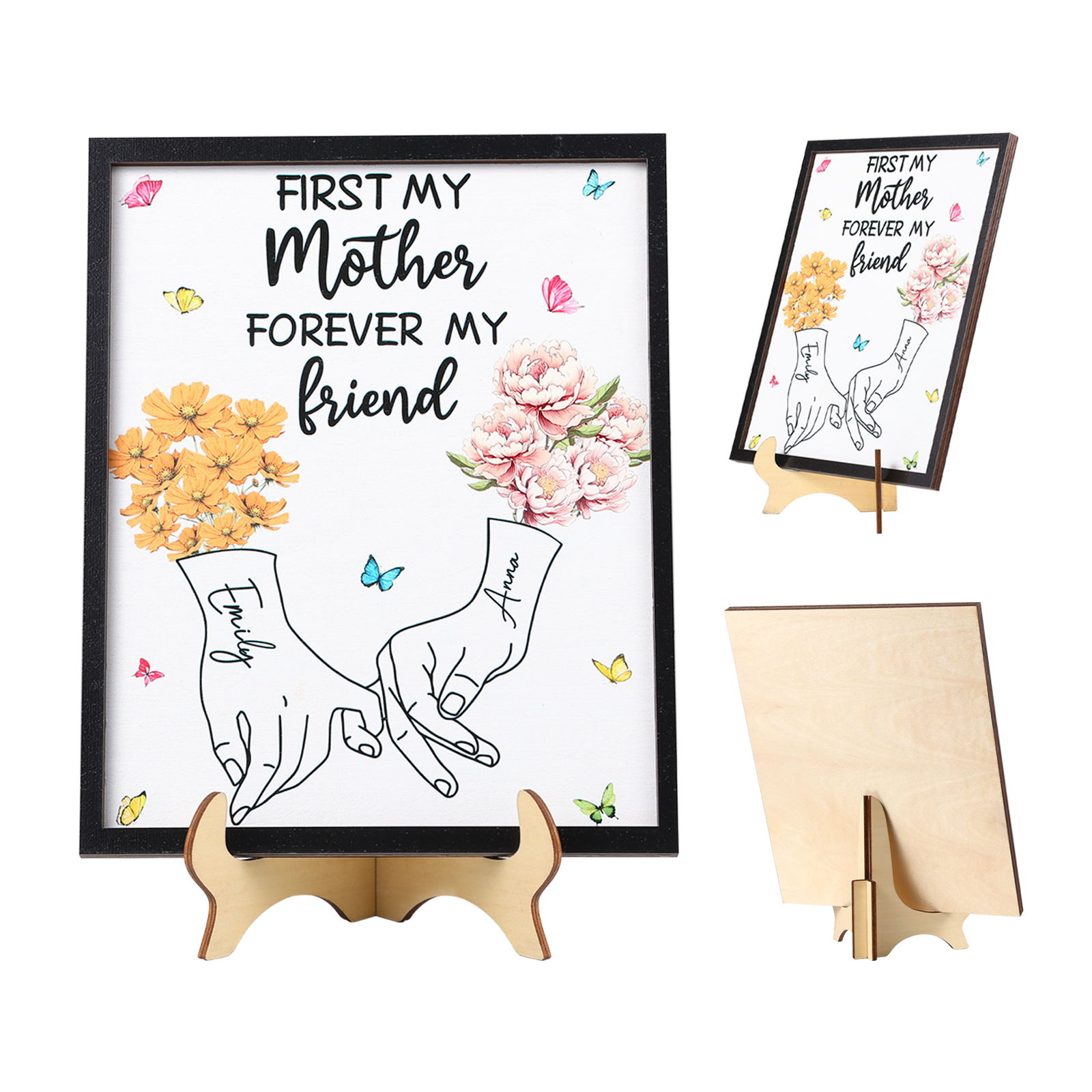 Custom Wooden Ornament Sign – Personalized with 2 Names and Birthday Flowers – “First My Mother, Forever My Friend” Stand Decor for Mom, Grandma, or Loved Ones