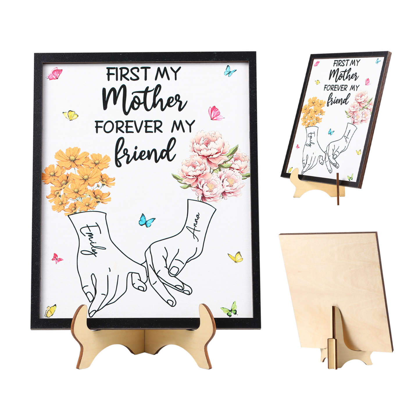 Custom Wooden Ornament Sign – Personalized with 2 Names and Birthday Flowers – “First My Mother, Forever My Friend” Stand Decor for Mom, Grandma, or Loved Ones