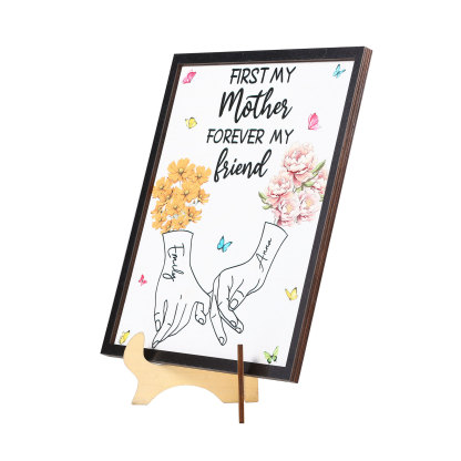 Custom Wooden Ornament Sign – Personalized with 2 Names and Birthday Flowers – “First My Mother, Forever My Friend” Stand Decor for Mom, Grandma, or Loved Ones