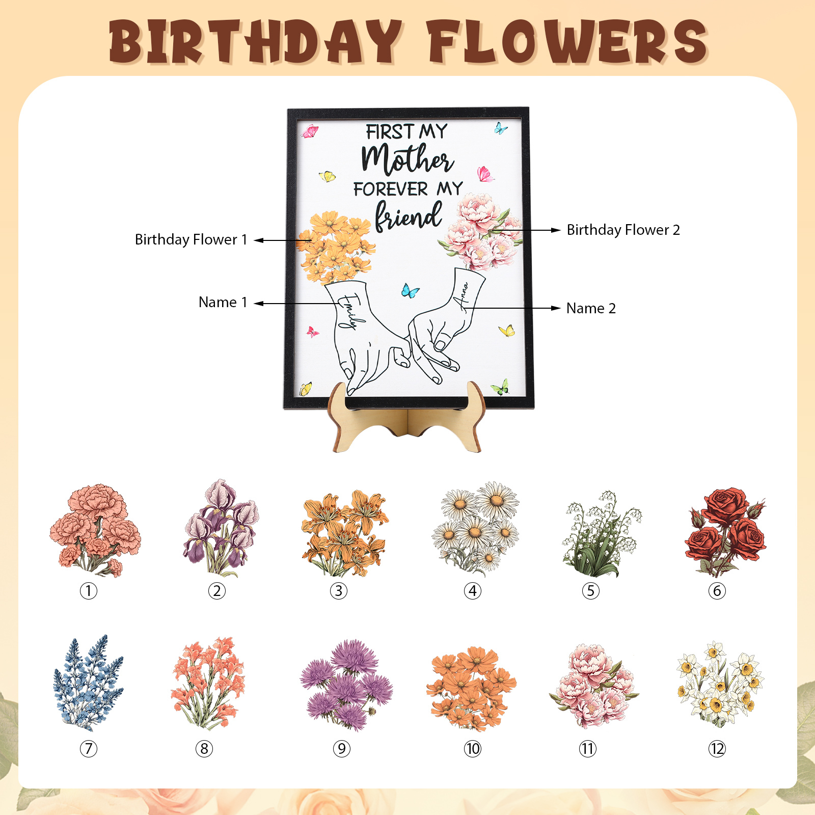 Custom Wooden Ornament Sign – Personalized with 2 Names and Birthday Flowers – “First My Mother, Forever My Friend” Stand Decor for Mom, Grandma, or Loved Ones