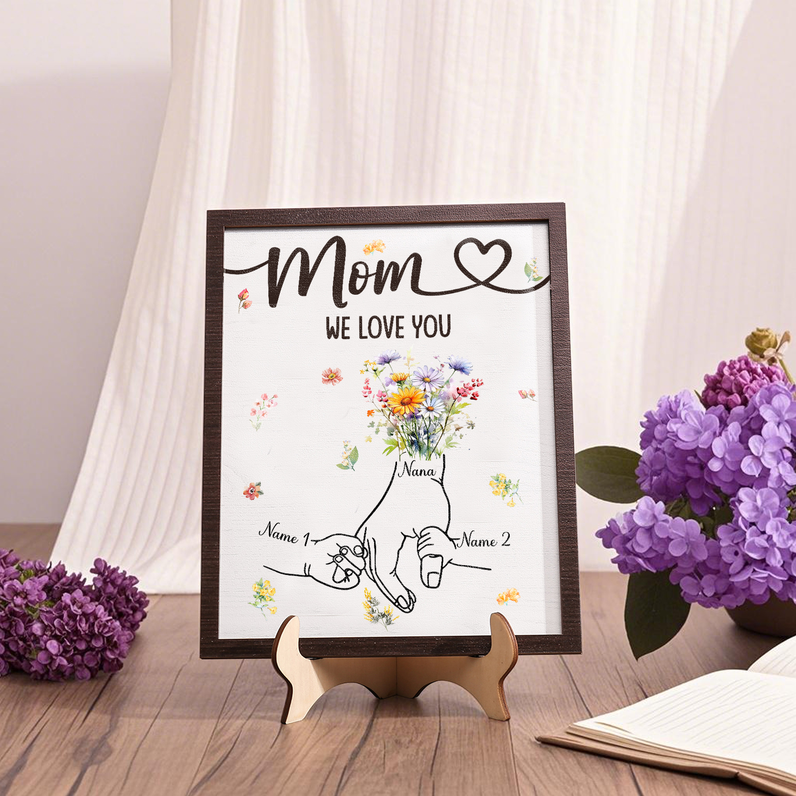 Custom Wooden Hand-in-Hand Plaque for Mom – Personalized Mother's Day Gift with 1 Text & 2 Names | Lorajewel