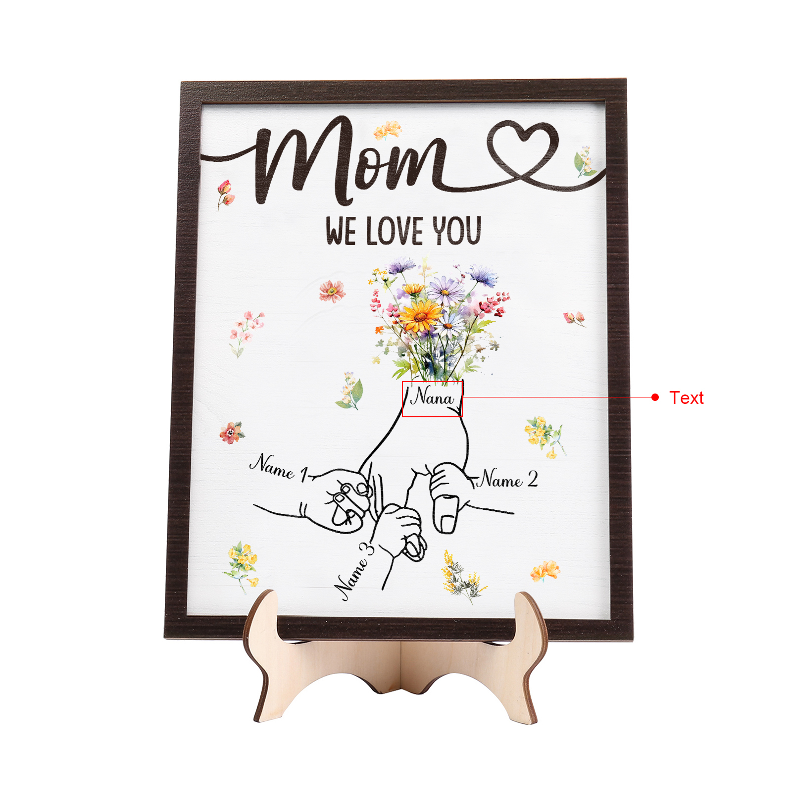 Custom Wooden Hand-in-Hand Plaque for Mom – Personalized Mother's Day Gift with 1 Text & 3 Names | Lorajewel