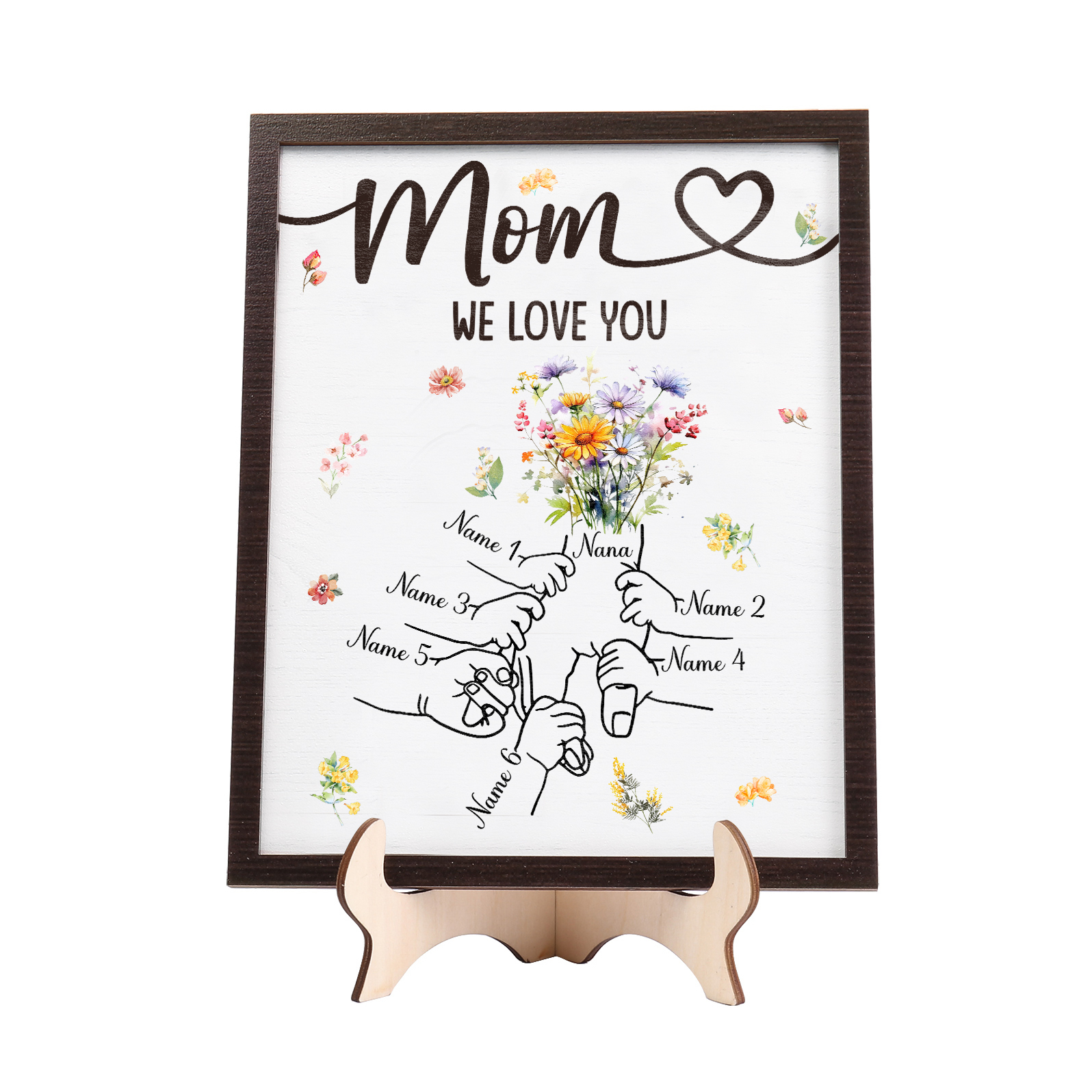 Custom Wooden Hand-in-Hand Plaque for Mom – Personalized Mother's Day Gift with 1 Text & 6 Names | Lorajewel