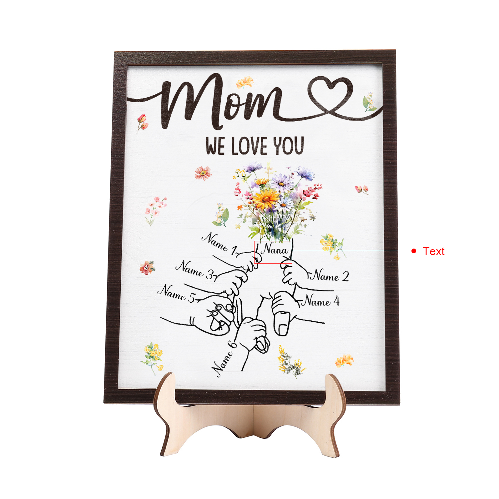 Custom Wooden Hand-in-Hand Plaque for Mom – Personalized Mother's Day Gift with 1 Text & 6 Names | Lorajewel