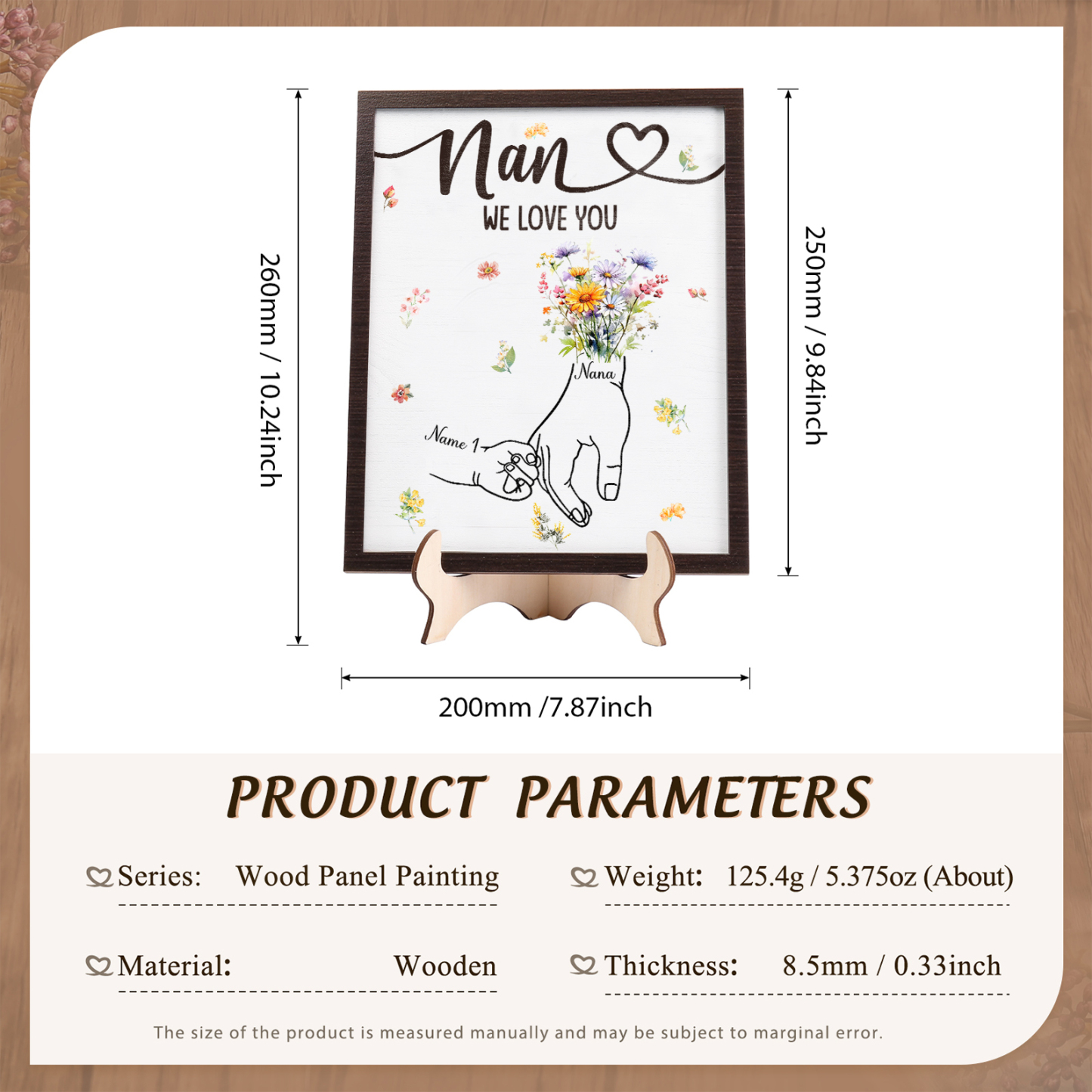 Custom Wooden Hand-in-Hand Plaque for Mom – Personalized Mother's Day Gift with Names & Flowers | Lorajewel