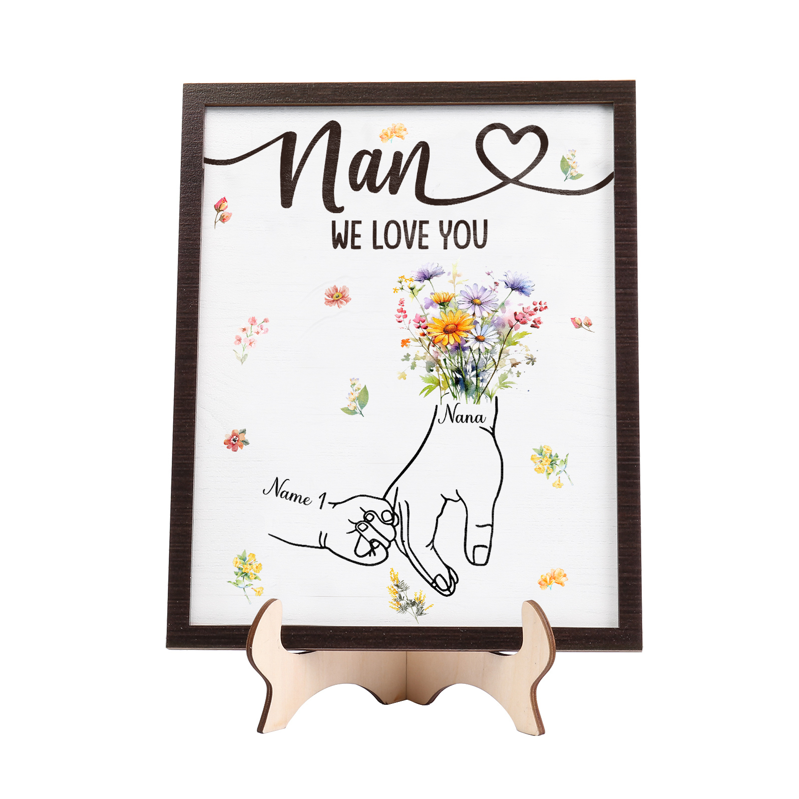 Custom Wooden Hand-in-Hand Plaque for Mom – Personalized Mother's Day Gift with Names & Flowers | Lorajewel