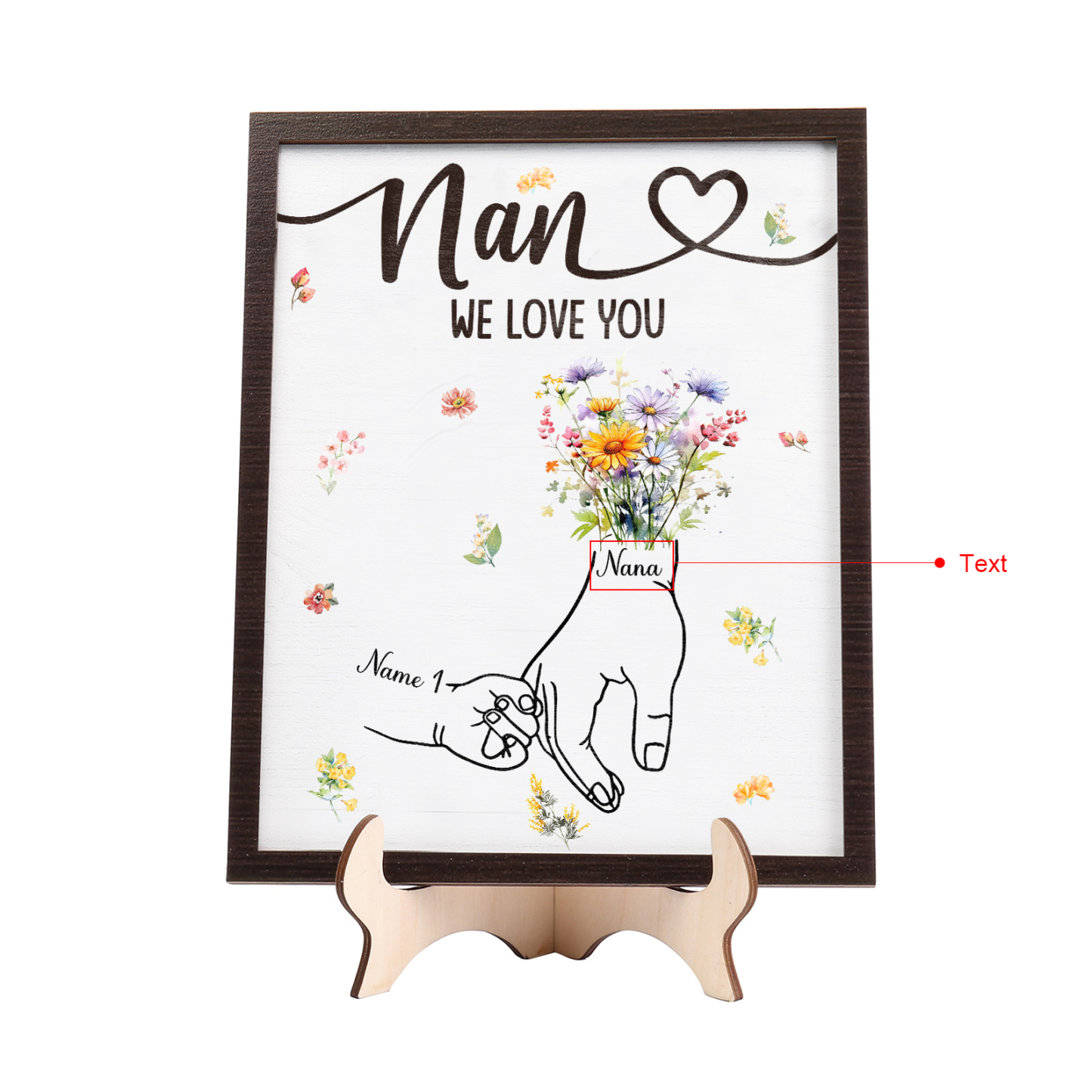 Custom Wooden Hand-in-Hand Plaque for Mom – Personalized Mother's Day Gift with Names & Flowers | Lorajewel