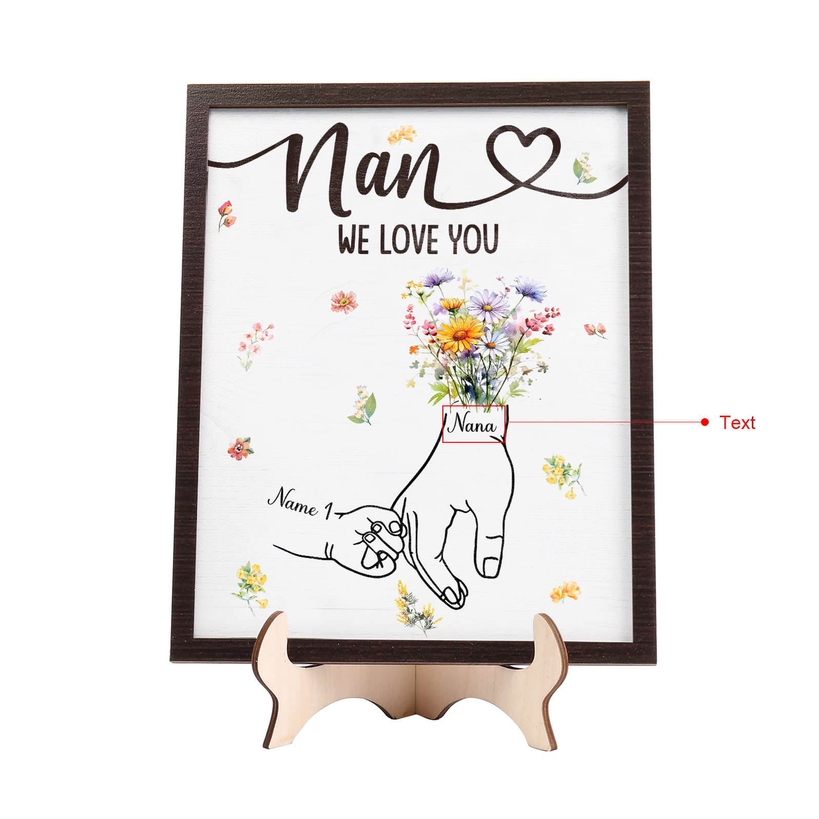 Custom Wooden Hand-in-Hand Plaque for Mom – Personalized Mother's Day Gift with Names & Flowers | Lorajewel