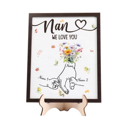 Custom Wooden Hand-in-Hand Plaque for Mom – Personalized Mother's Day Gift with 1 Text & 2 Names | Lorajewel
