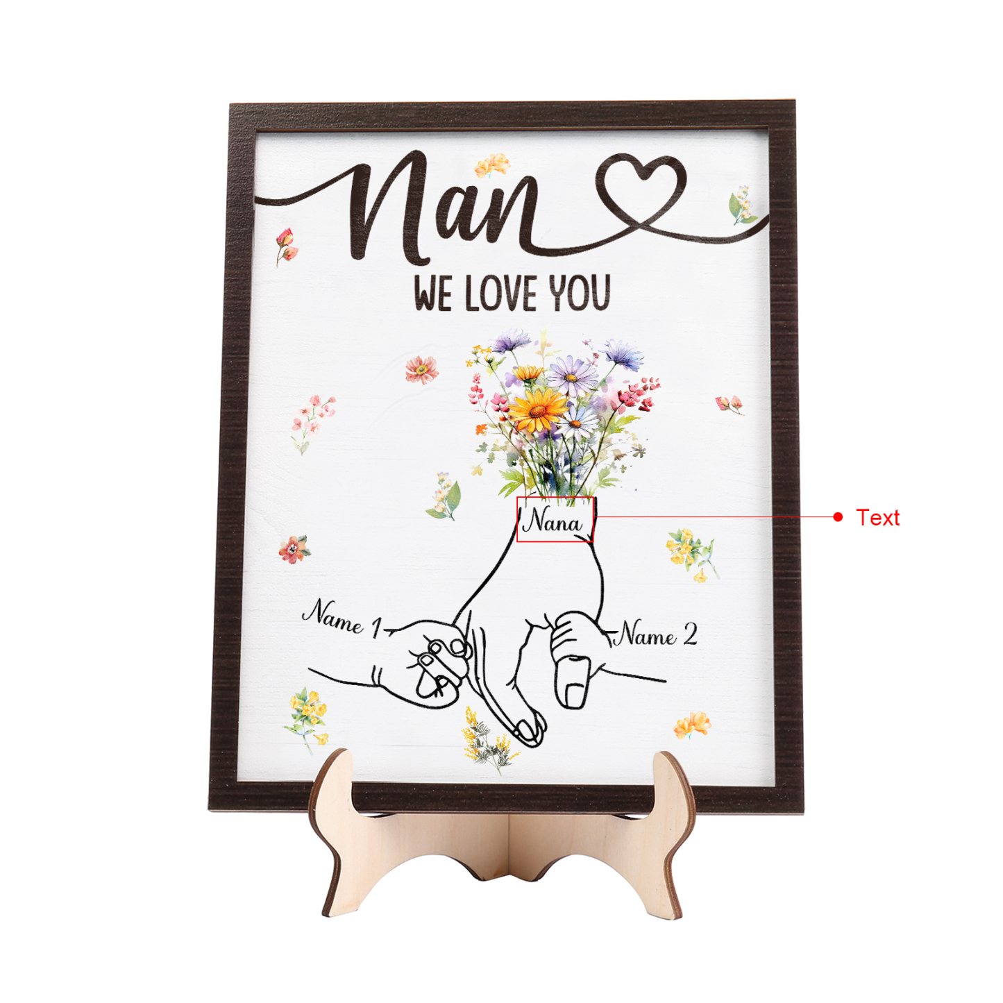 Custom Wooden Hand-in-Hand Plaque for Mom – Personalized Mother's Day Gift with 1 Text & 2 Names | Lorajewel