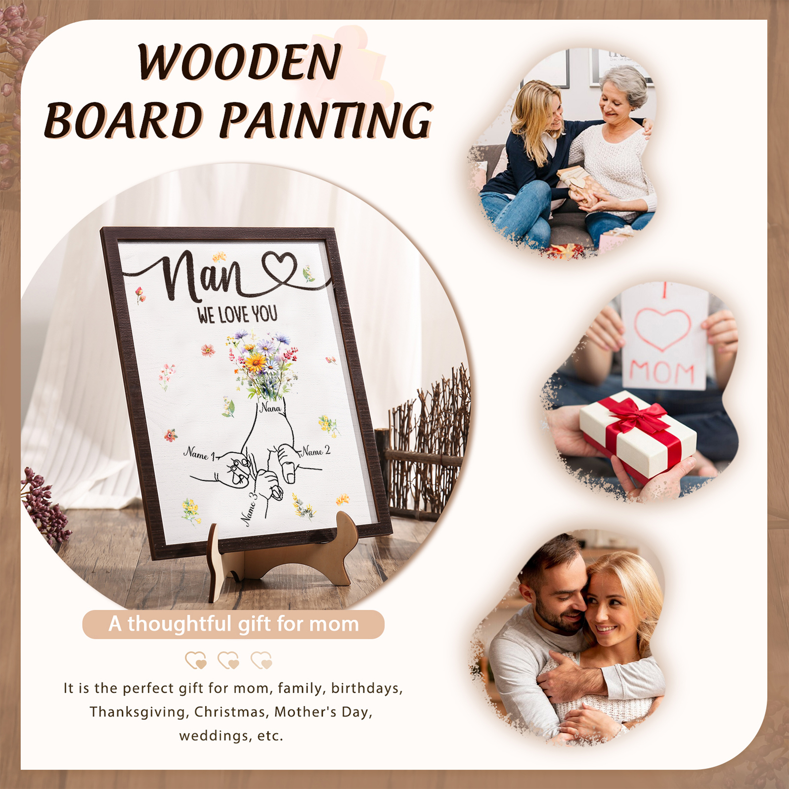 Custom Wooden Hand-in-Hand Plaque for Mom – Personalized Mother's Day Gift with 1 Text & 3 Names | Lorajewel