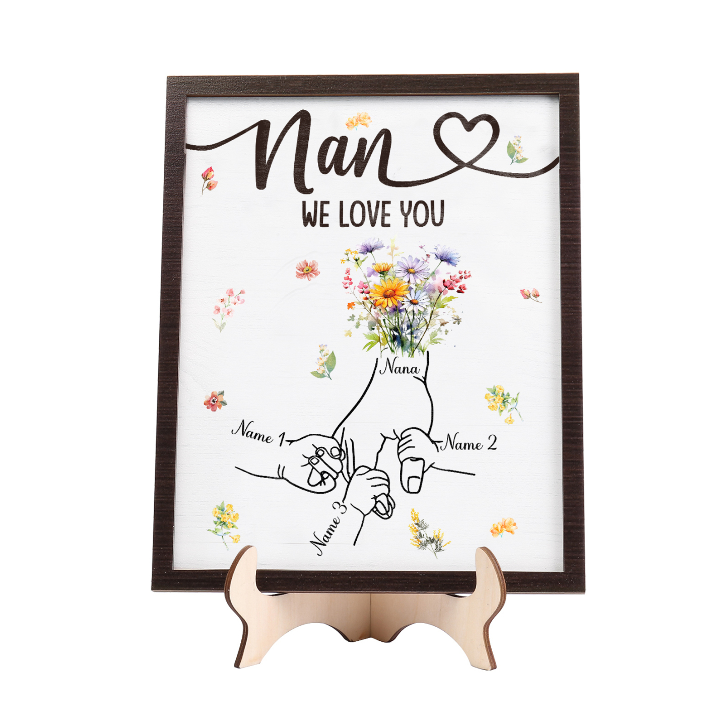 Custom Wooden Hand-in-Hand Plaque for Mom – Personalized Mother's Day Gift with 1 Text & 3 Names | Lorajewel