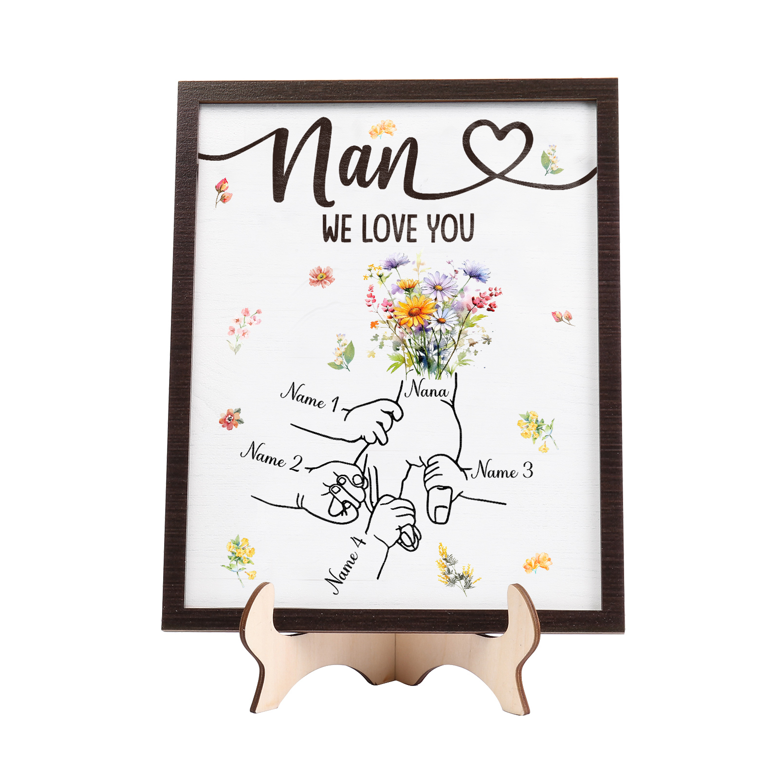 Custom Wooden Hand-in-Hand Plaque for Mom – Personalized Mother's Day Gift with 1 Text & 4 Names | Lorajewel