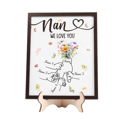 Custom Wooden Hand-in-Hand Plaque for Mom – Personalized Mother's Day Gift with 1 Text & 4 Names | Lorajewel