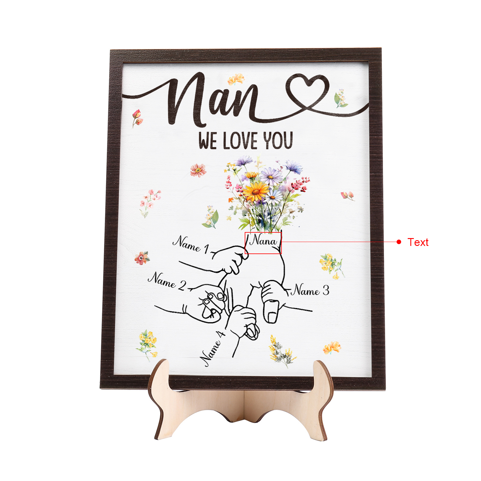 Custom Wooden Hand-in-Hand Plaque for Mom – Personalized Mother's Day Gift with 1 Text & 4 Names | Lorajewel