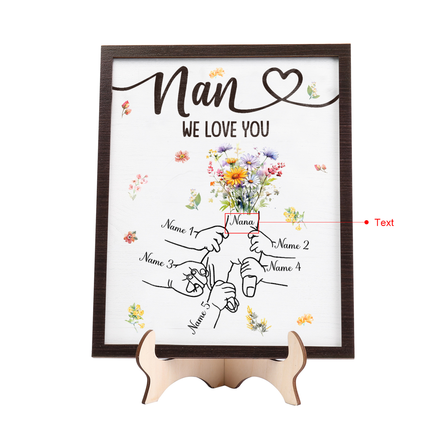 Custom Wooden Hand-in-Hand Plaque for Mom – Personalized Mother's Day Gift with 1 Text & 5 Names | Lorajewel