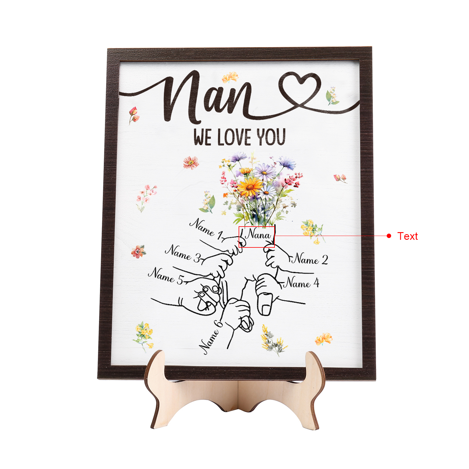 Custom Wooden Hand-in-Hand Plaque for Mom – Personalized Mother's Day Gift with 1 Text & 6 Names | Lorajewel