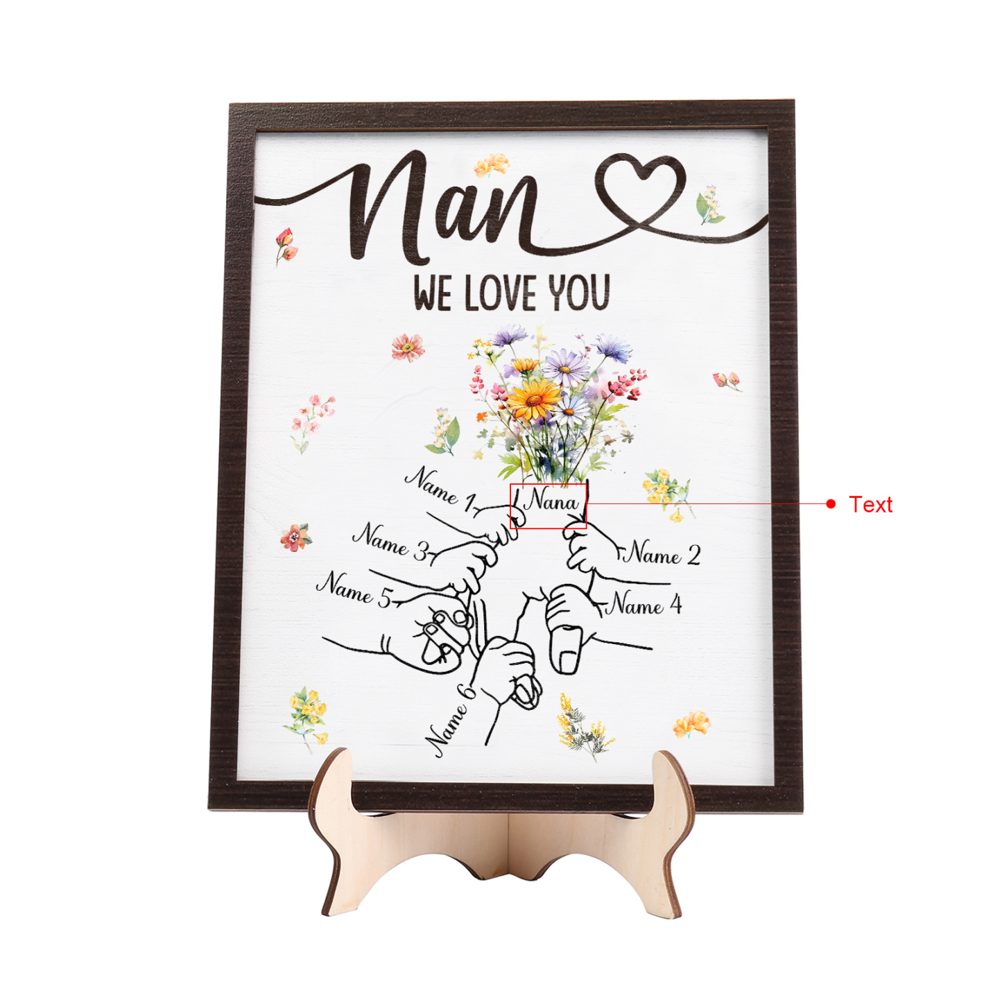 Custom Wooden Hand-in-Hand Plaque for Mom – Personalized Mother's Day Gift with 1 Text & 6 Names | Lorajewel