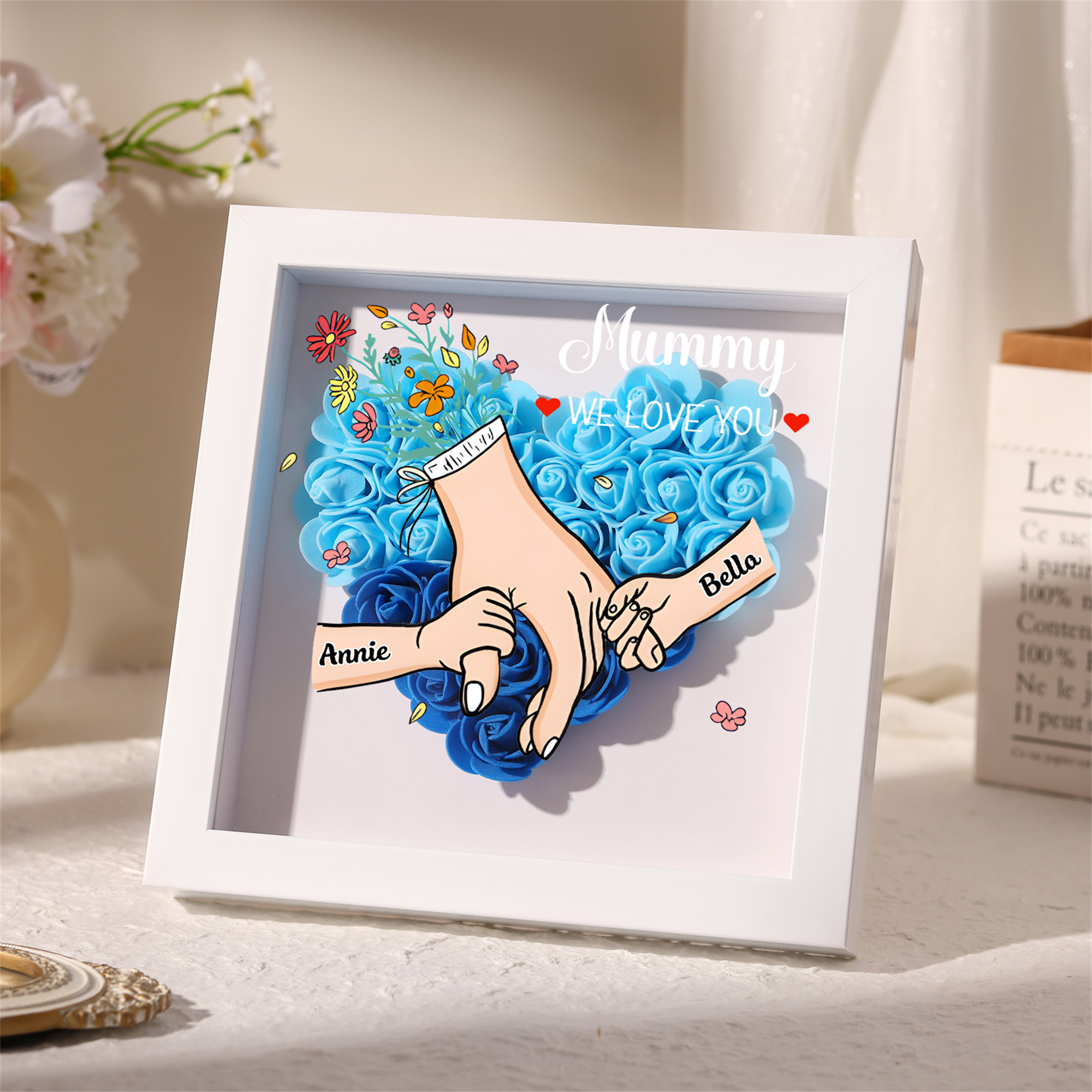 Custom Personalized Names Flower Frame – Hand-in-Hand Family Keepsake for Mom, Nan & Friends with 5 Color Options | Lorajewel