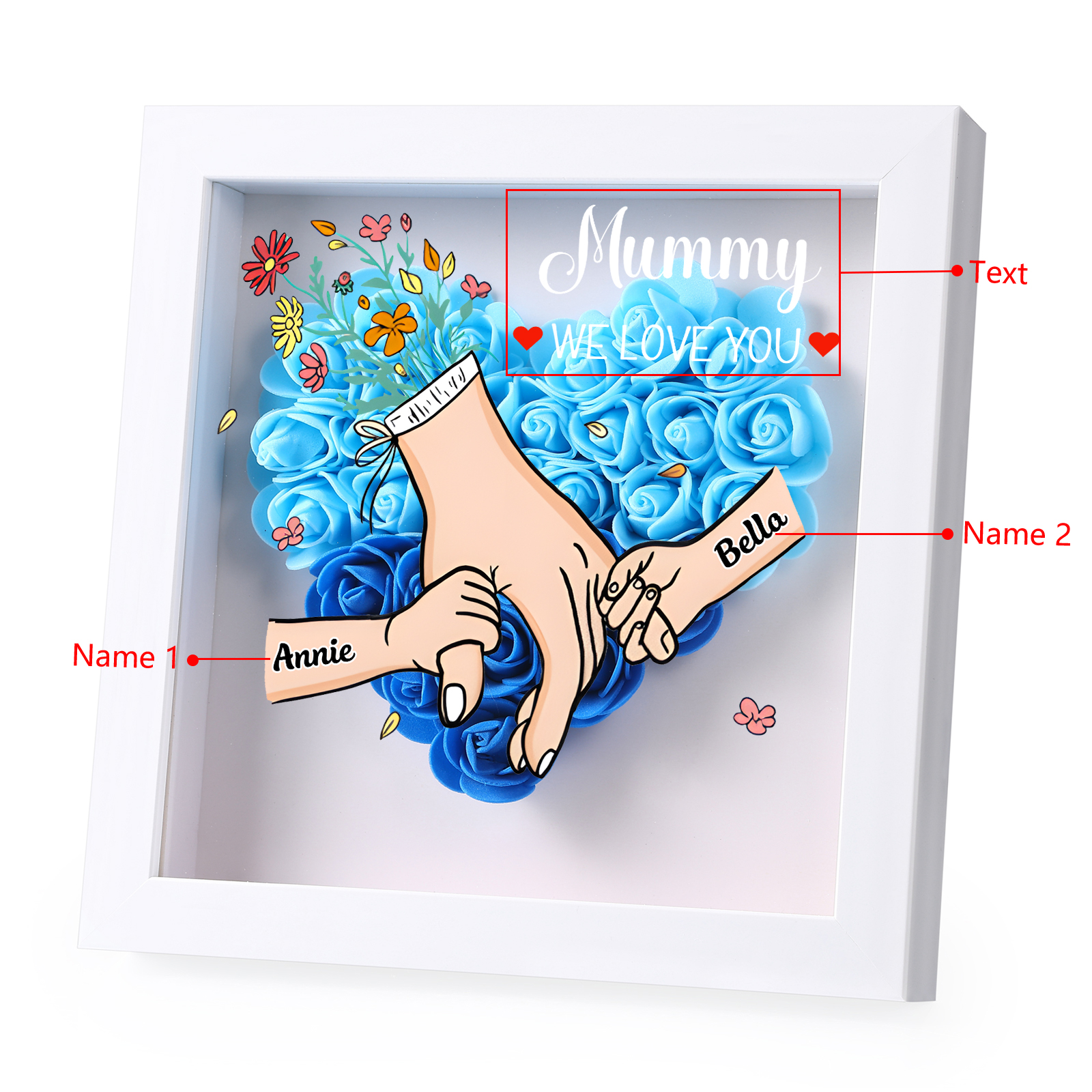 Custom Personalized Names Flower Frame – Hand-in-Hand Family Keepsake for Mom, Nan & Friends with 5 Color Options | Lorajewel