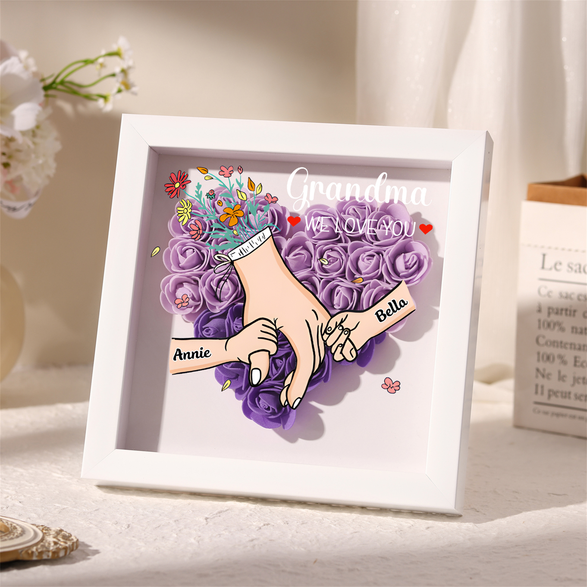 Custom Personalized Names Flower Frame – Hand-in-Hand Family Keepsake for Mom, Nan & Friends with 5 Color Options | Lorajewel