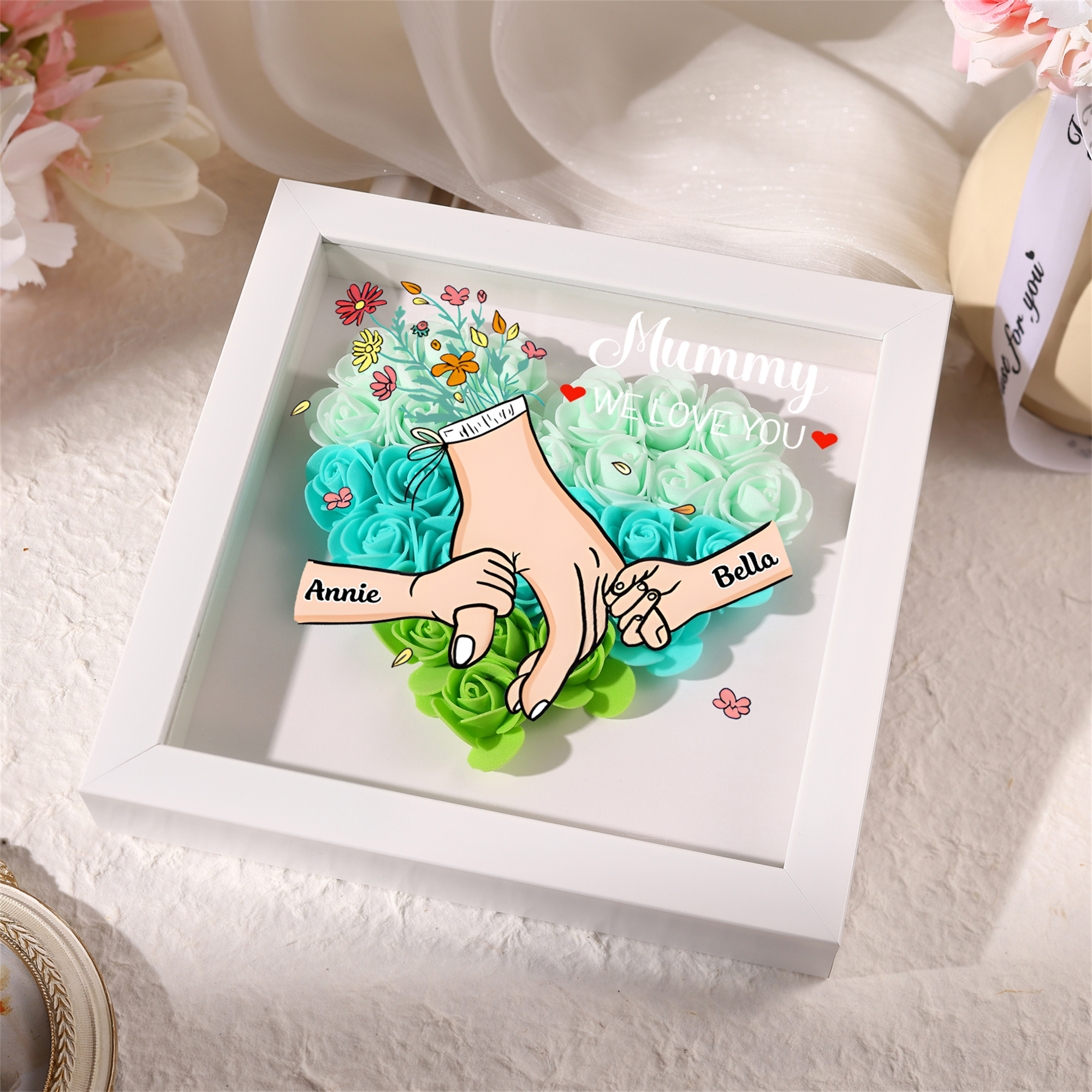 Custom Personalized Names Flower Frame – Hand-in-Hand Family Keepsake for Mom, Nan & Friends with 5 Color Options | Lorajewel