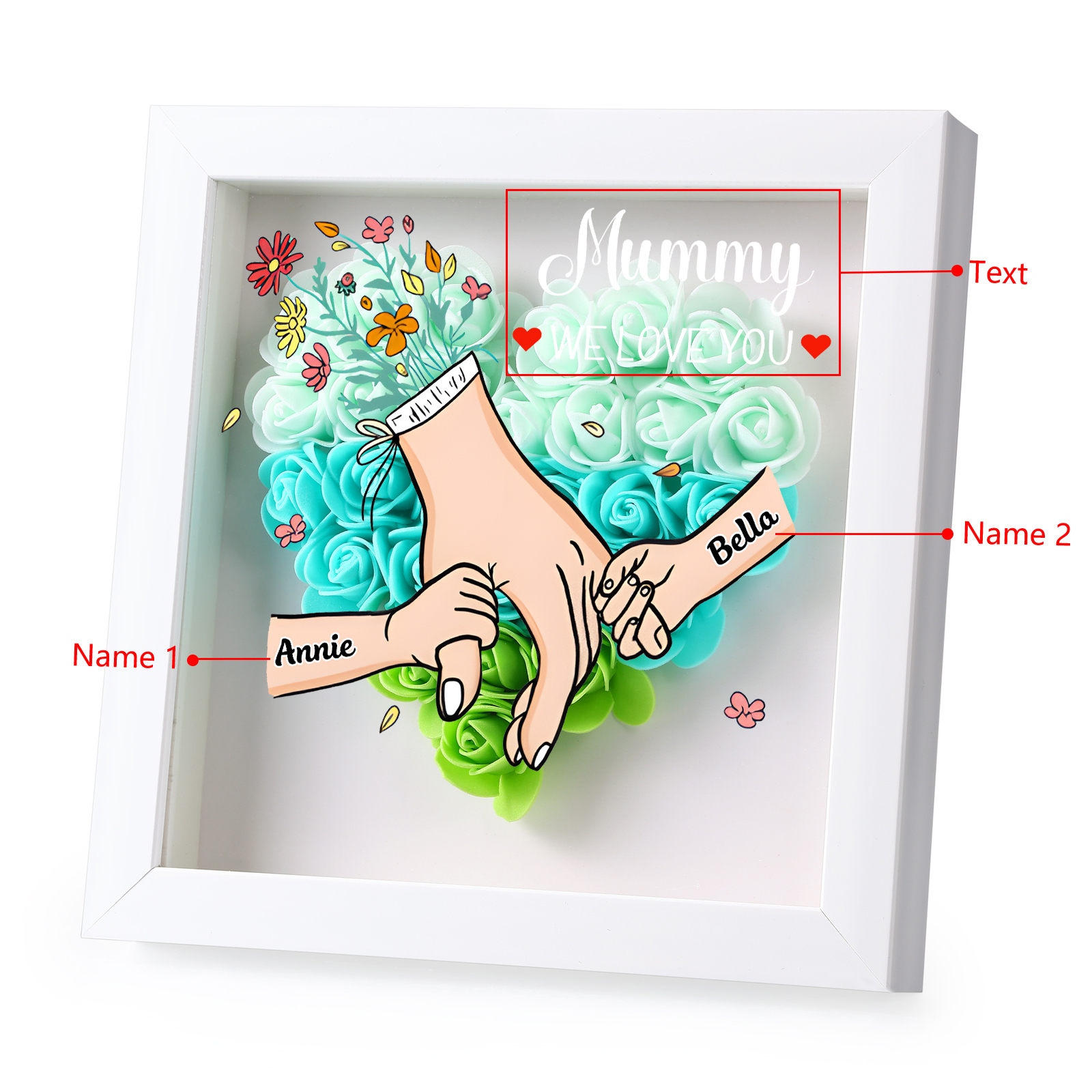 Custom Personalized Names Flower Frame – Hand-in-Hand Family Keepsake for Mom, Nan & Friends with 5 Color Options | Lorajewel