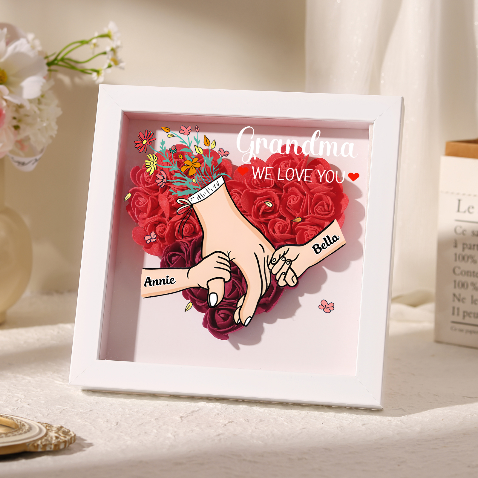 Custom Personalized Names Flower Frame – Hand-in-Hand Family Keepsake for Mom, Nan & Friends with 5 Color Options | Lorajewel