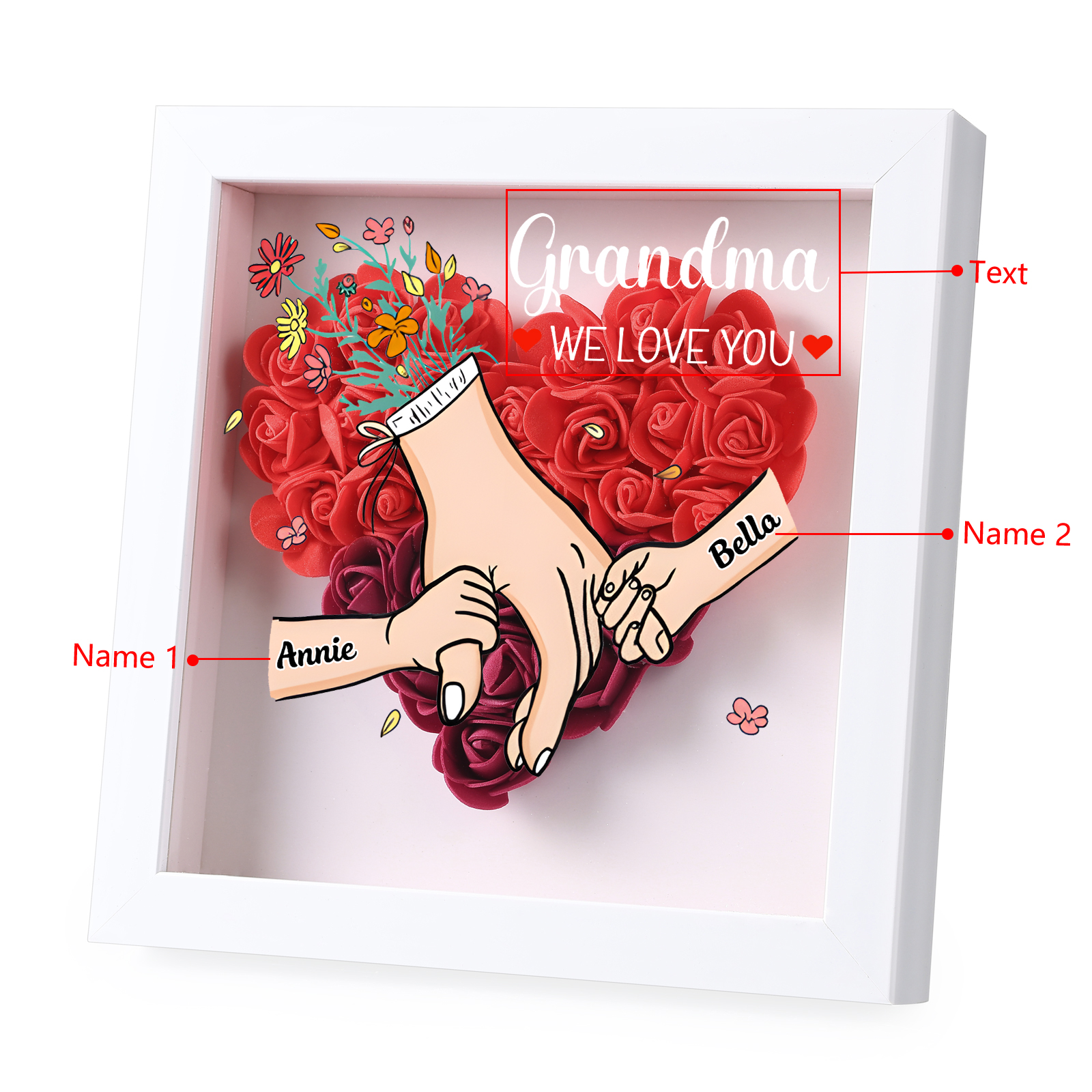 Custom Personalized Names Flower Frame – Hand-in-Hand Family Keepsake for Mom, Nan & Friends with 5 Color Options | Lorajewel