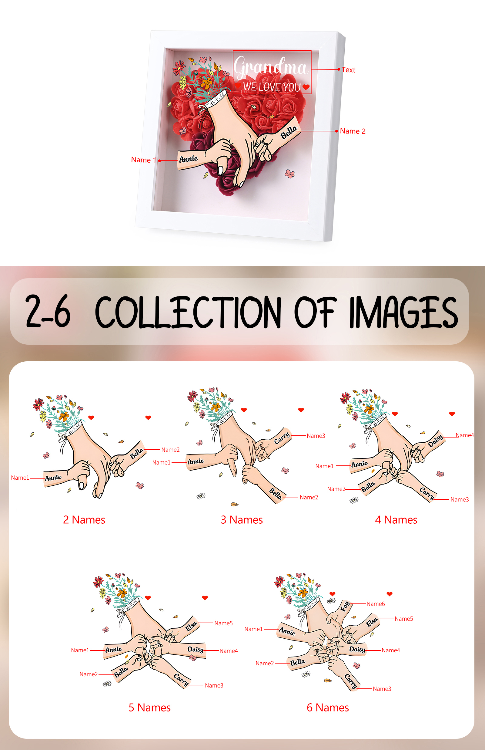 Custom Personalized Names Flower Frame – Hand-in-Hand Family Keepsake for Mom, Nan & Friends with 5 Color Options | Lorajewel