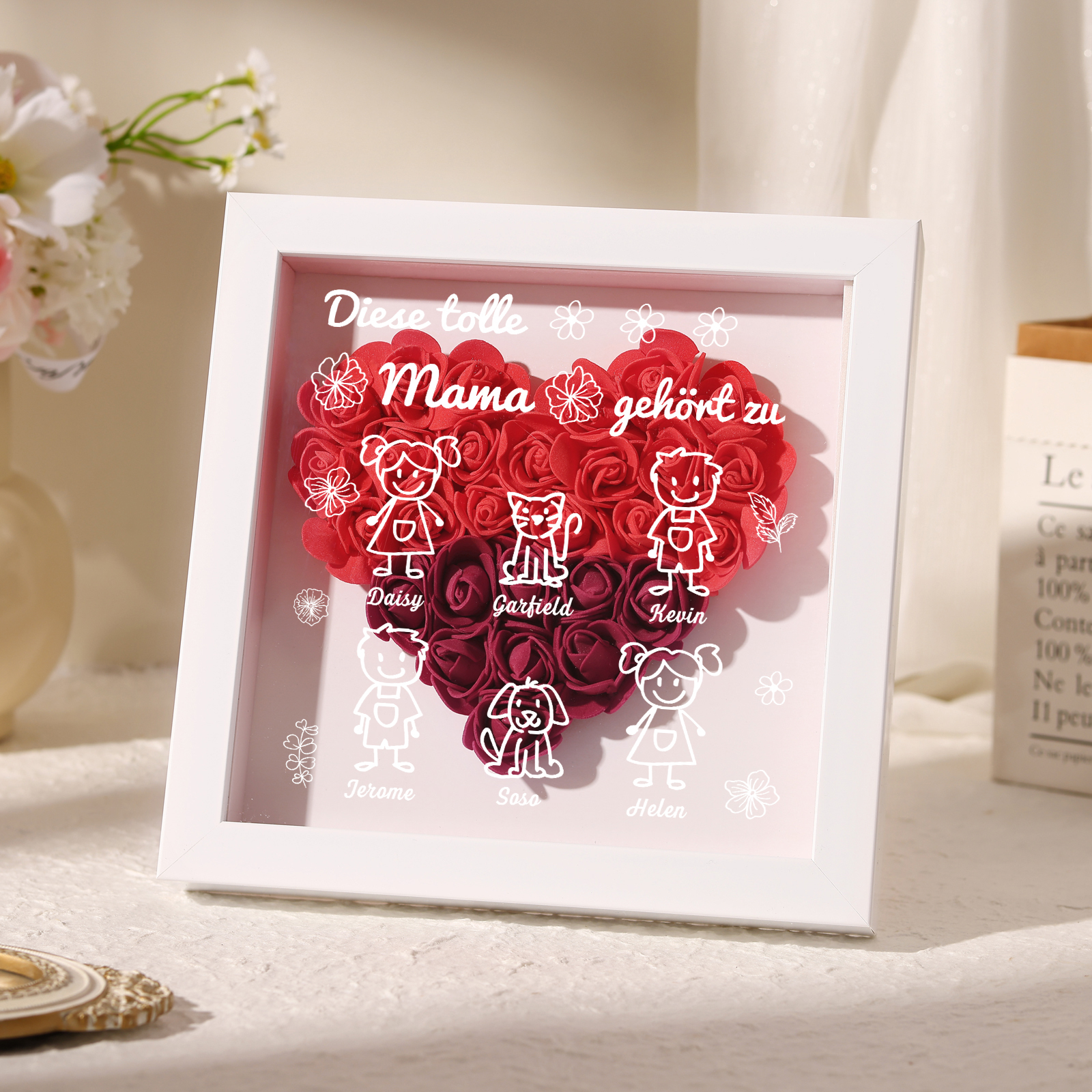 Personalized 3D Floral Shadow Box – Custom 3 Kids&Pets Names –This Gre