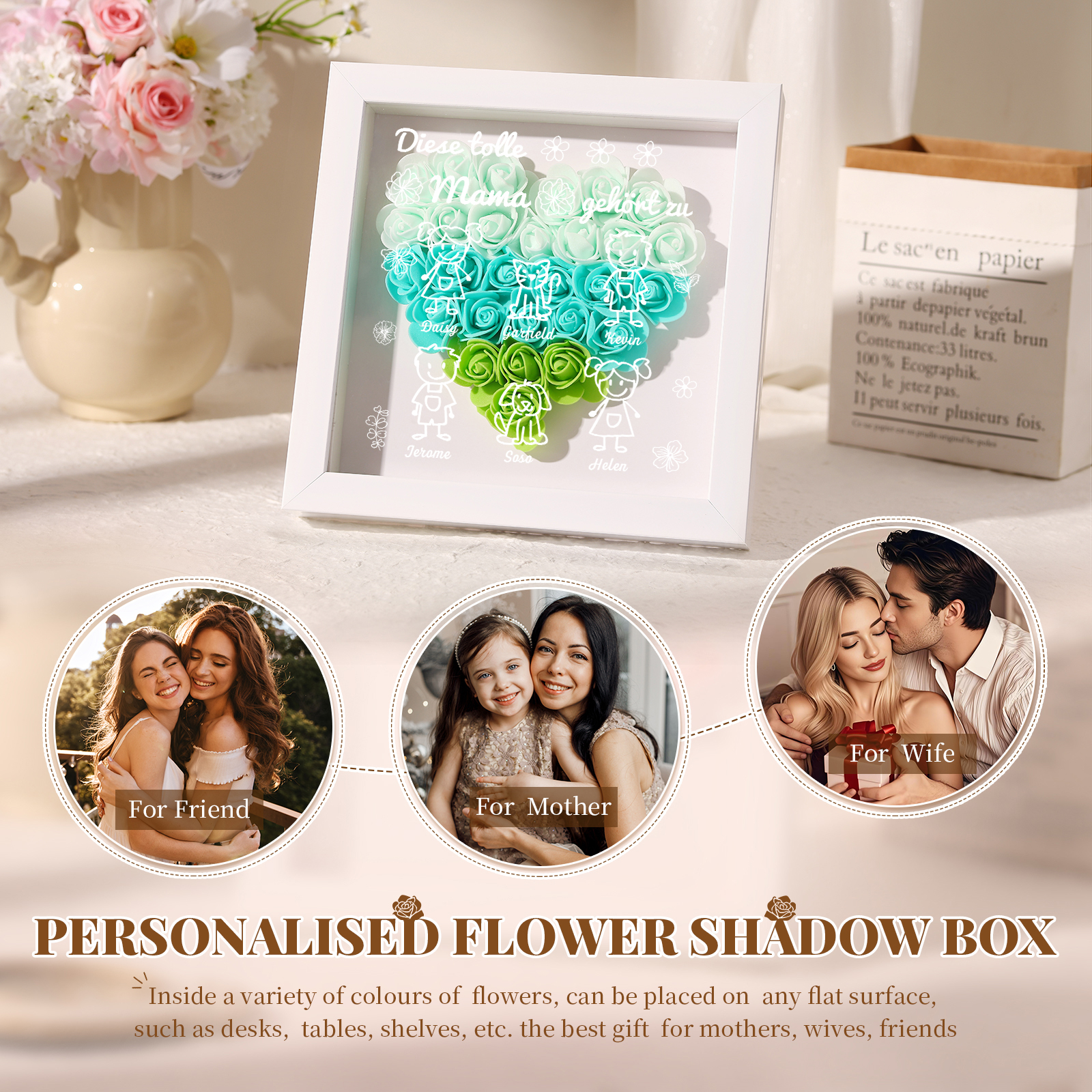 Personalized 3D Floral Shadow Box – Custom 6 Kids&Pets Names –This Great Mom Is Loved By- Gift for Mom, Grandma & Loved Ones| Lorajewel