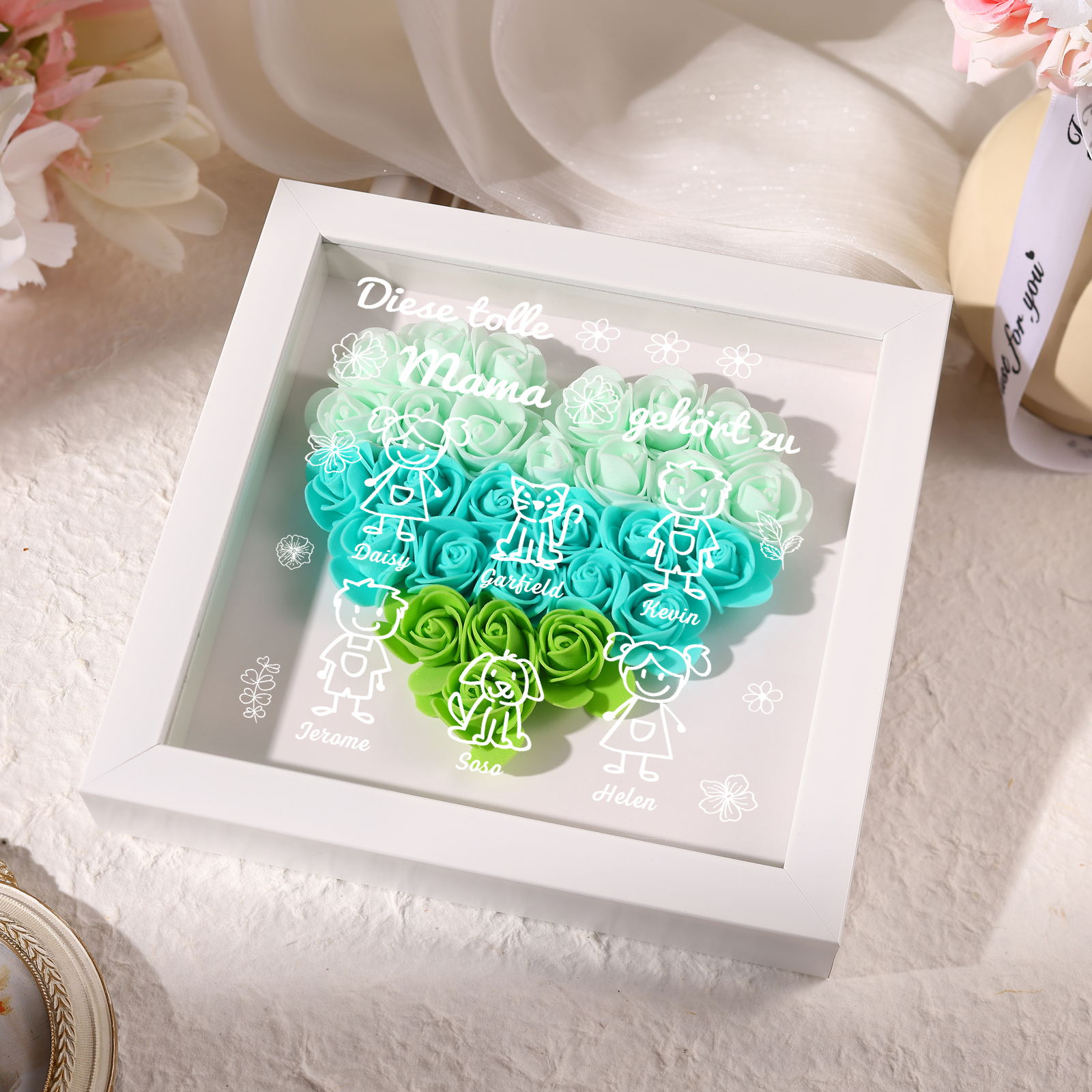 Personalized 3D Floral Shadow Box – Custom 6 Kids&Pets Names –This Great Mom Is Loved By- Gift for Mom, Grandma & Loved Ones| Lorajewel