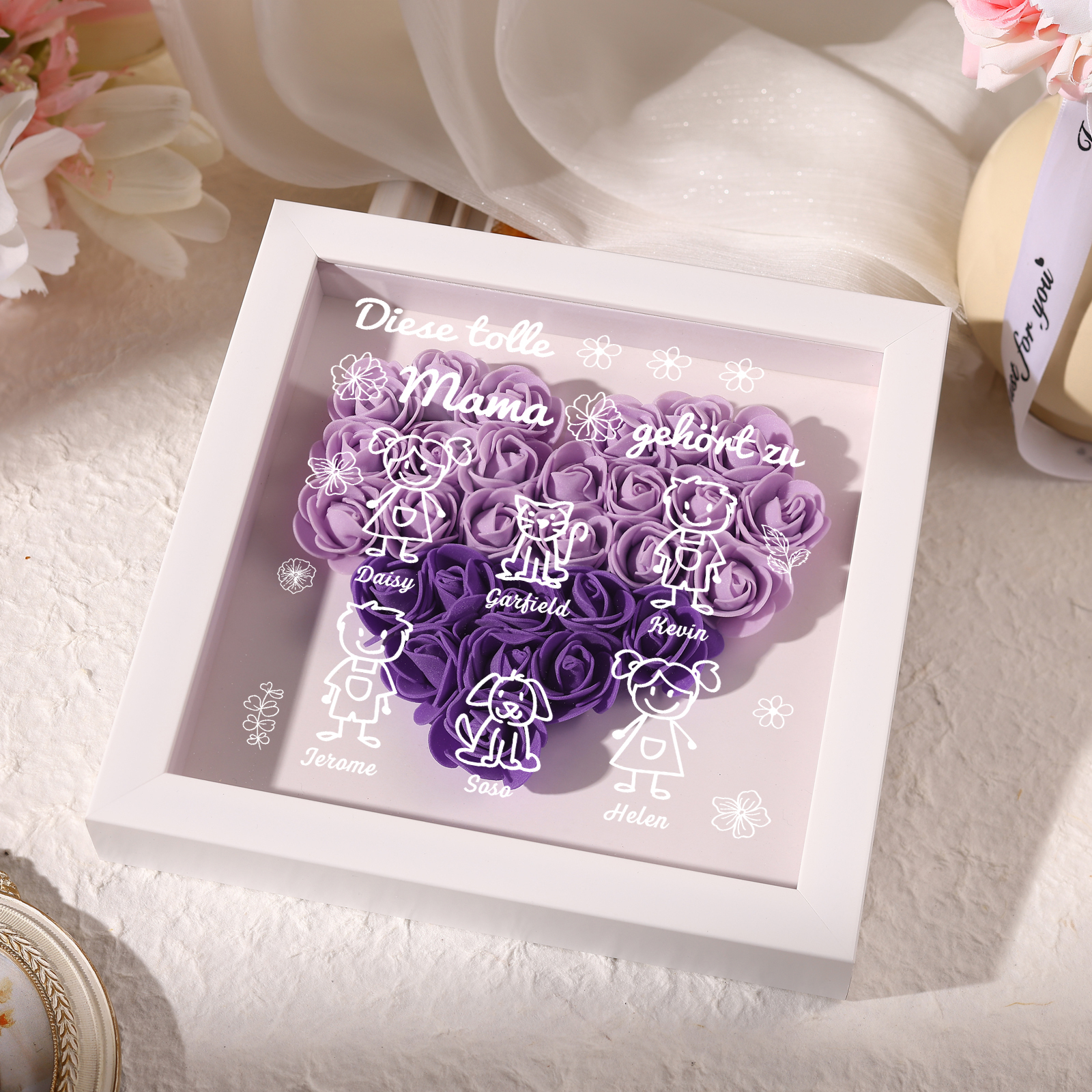 Personalized 3D Floral Shadow Box – Custom 6 Kids&Pets Names –This Great Mom Is Loved By- Gift for Mom, Grandma & Loved Ones| Lorajewel