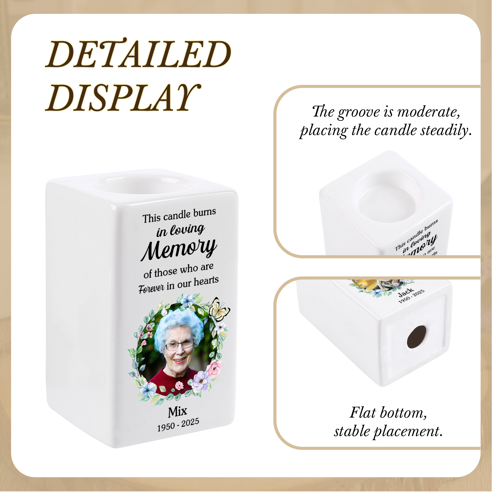 Personalised Photo Memorial Candle Holder - Custom Name & Dates Memorial Gift | Lorajewel