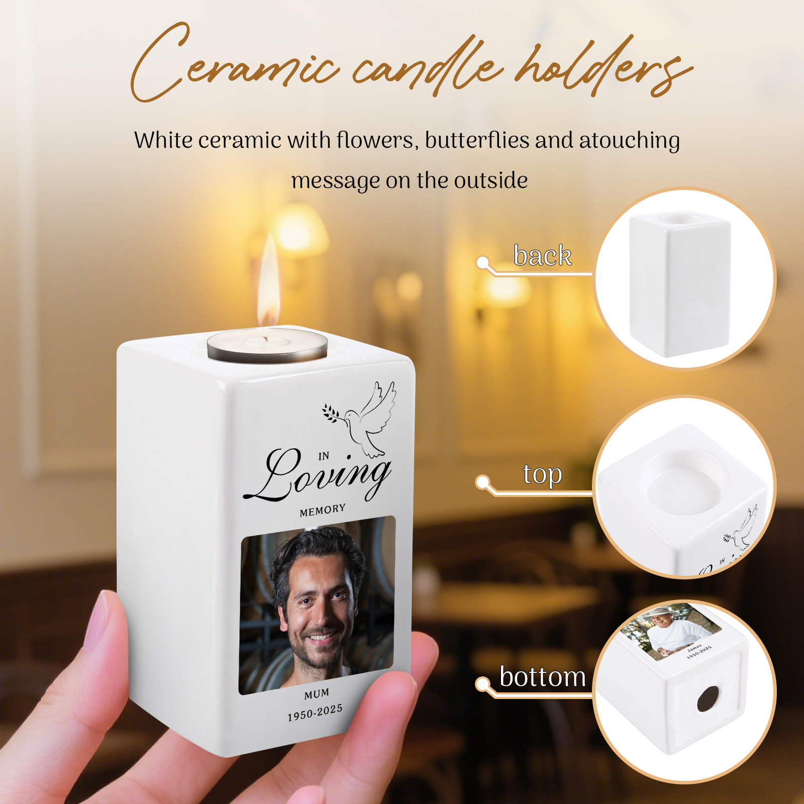 Personalised Photo Memorial Candle Holder - Custom Name & Dates Memorial Gift | Lorajewel