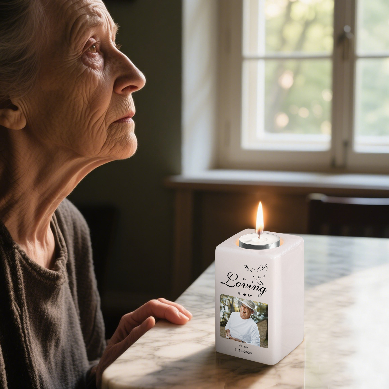 Personalised Photo Memorial Candle Holder - Custom Name & Dates Memorial Gift | Lorajewel