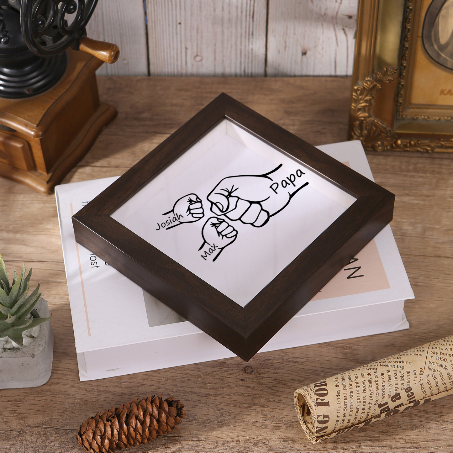 2 Names & 1 Text-Personalized Fist Bump Frame Wooden Ornament Custom Plaque Home Decoration for Father | Lorajewel