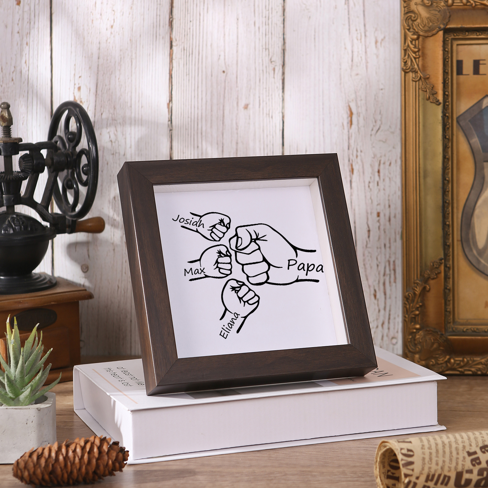 3 Names & 1 Text-Personalized Fist Bump Frame Wooden Ornament Custom Plaque Home Decoration for Father | Lorajewel