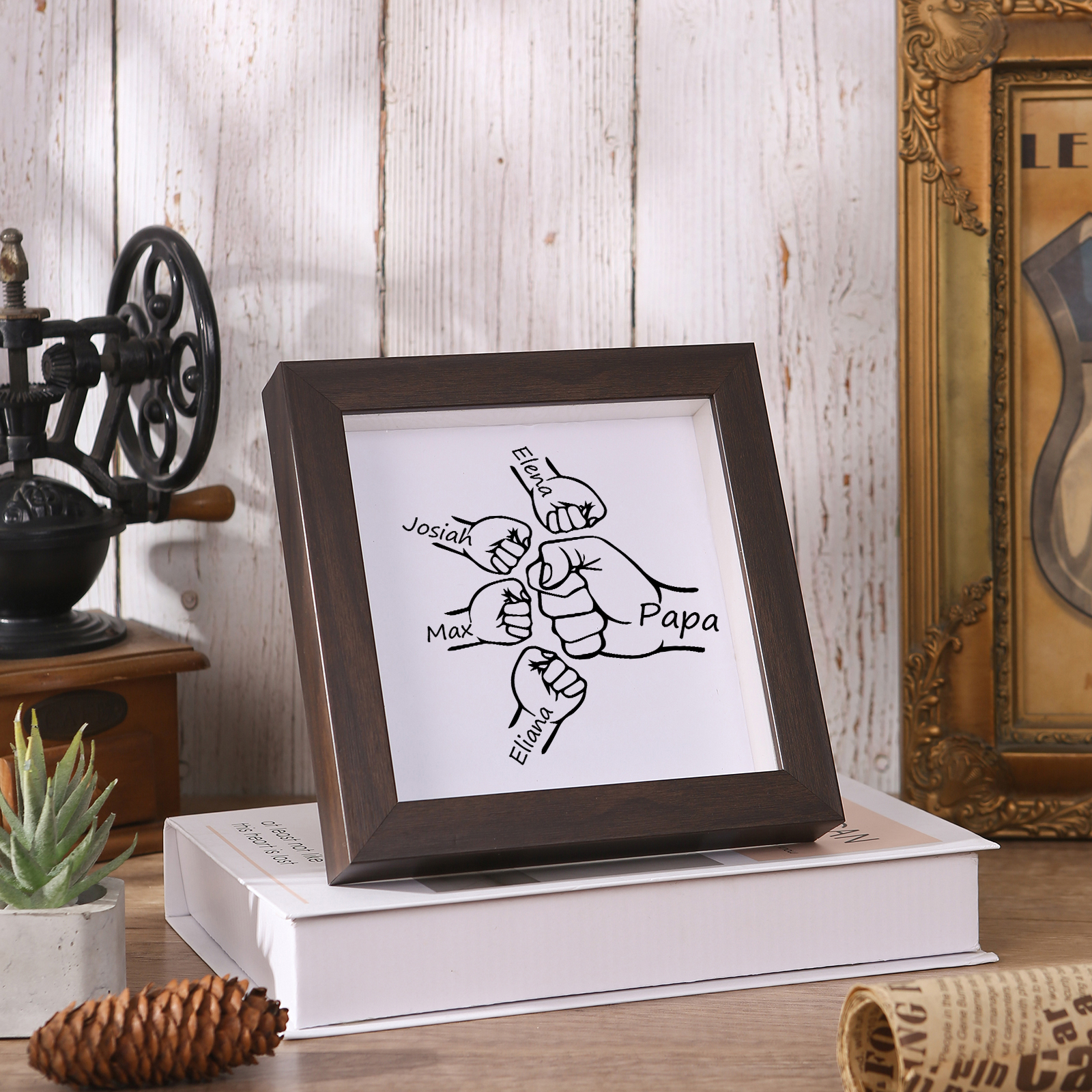 4 Names & 1 Text-Personalized Fist Bump Frame Wooden Ornament Custom Plaque Home Decoration for Father | Lorajewel