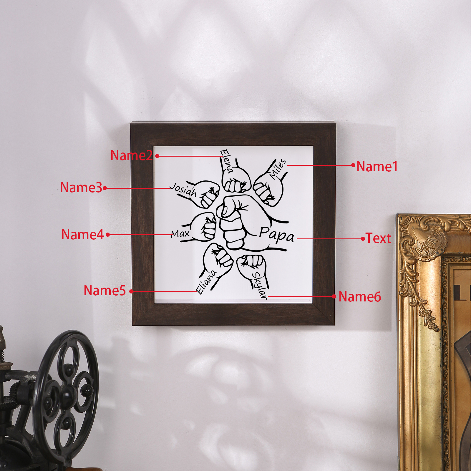 6 Names & 1 Text-Personalized Fist Bump Frame Wooden Ornament Custom Plaque Home Decoration for Father | Lorajewel