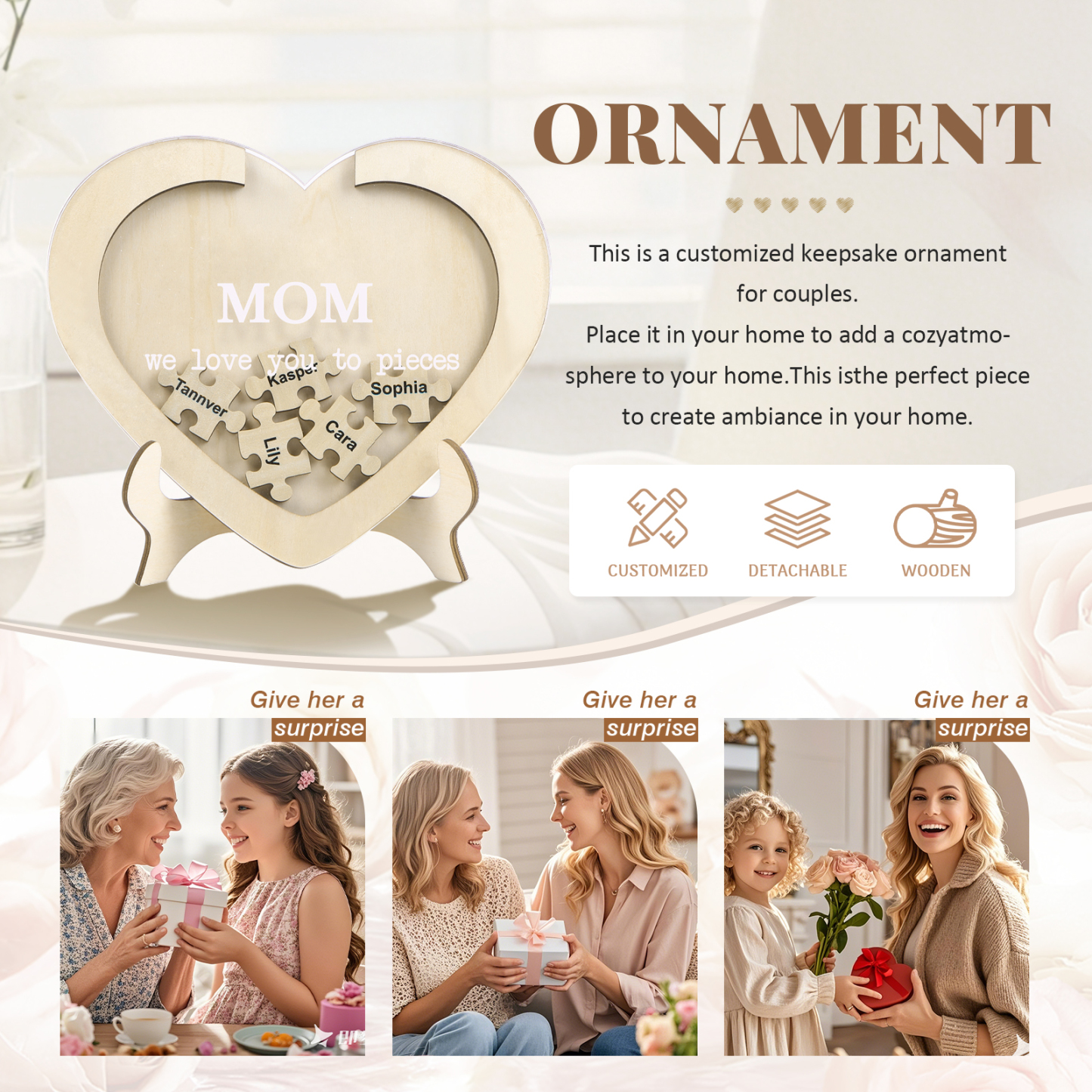 5 Names & 2 Texts Personalized Wooden Acrylic Ornament for Mum | Lorajewel