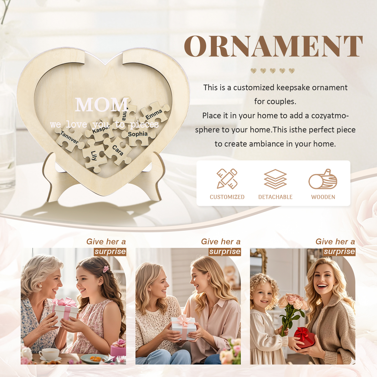 7 Names & 2 Texts Personalized Wooden Acrylic Ornament for Mum | Lorajewel