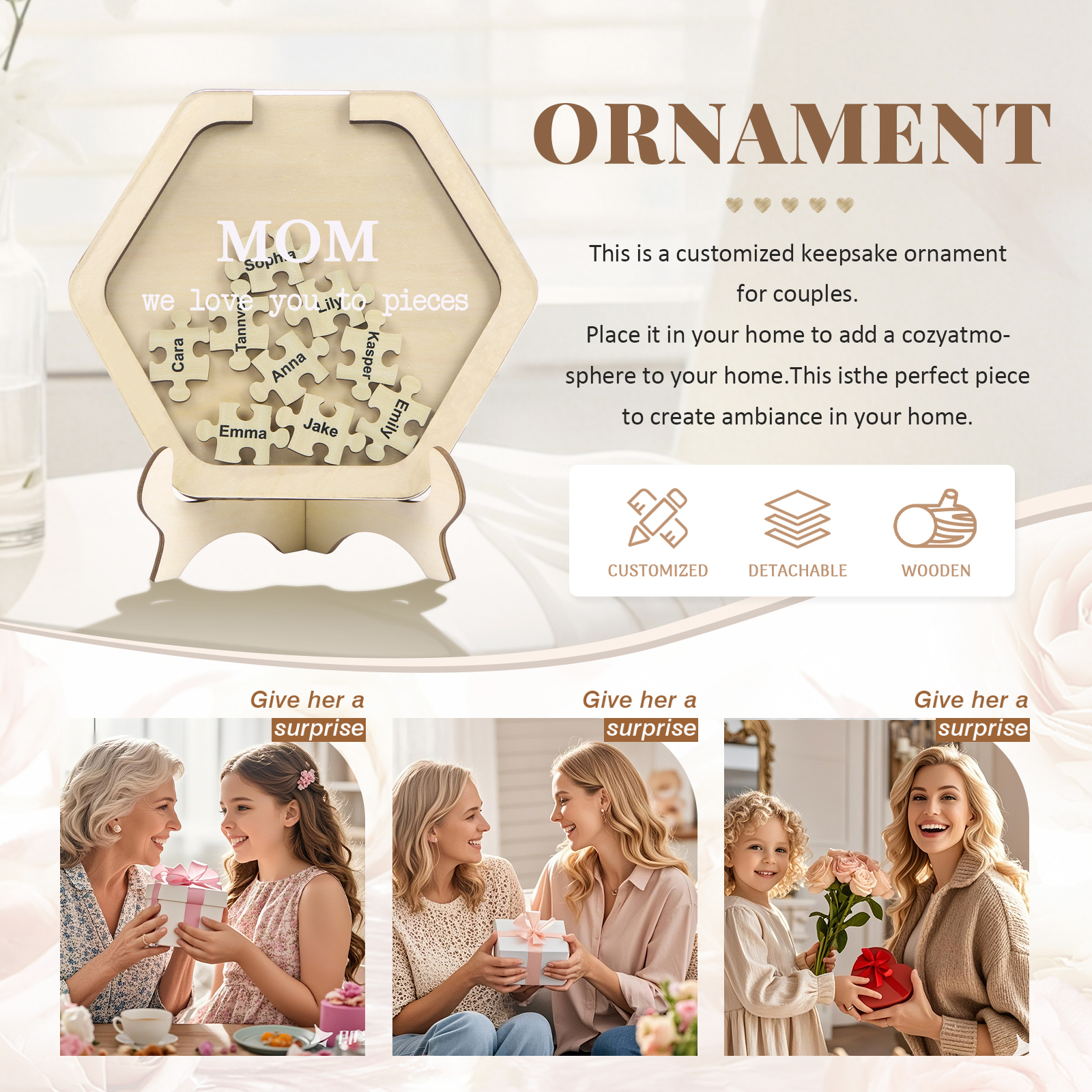 9 Names & 2 Texts Personalized Wooden Acrylic Ornament for Mum | Lorajewel