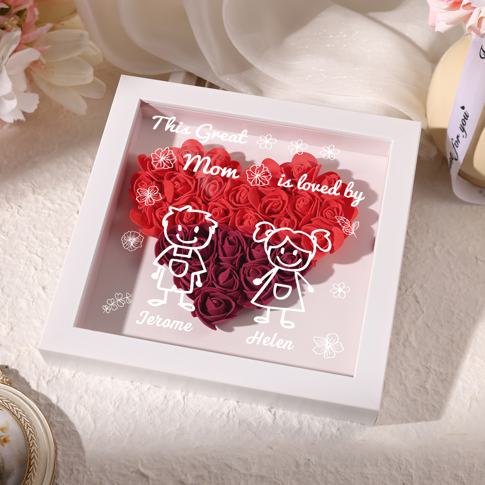 Personalized 3D Floral Shadow Box – Custom 2 Kids&Pets Names –This Great Mom Is Loved By- Gift for Mom, Grandma & Loved Ones| Lorajewel