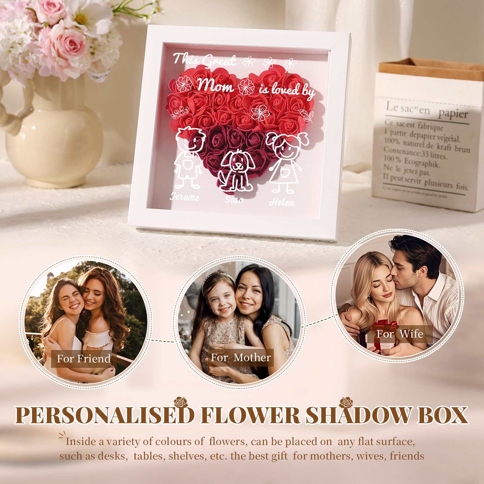 Personalized 3D Floral Shadow Box – Custom 3 Kids&Pets Names –This Great Mom Is Loved By- Gift for Mom, Grandma & Loved Ones| Lorajewel