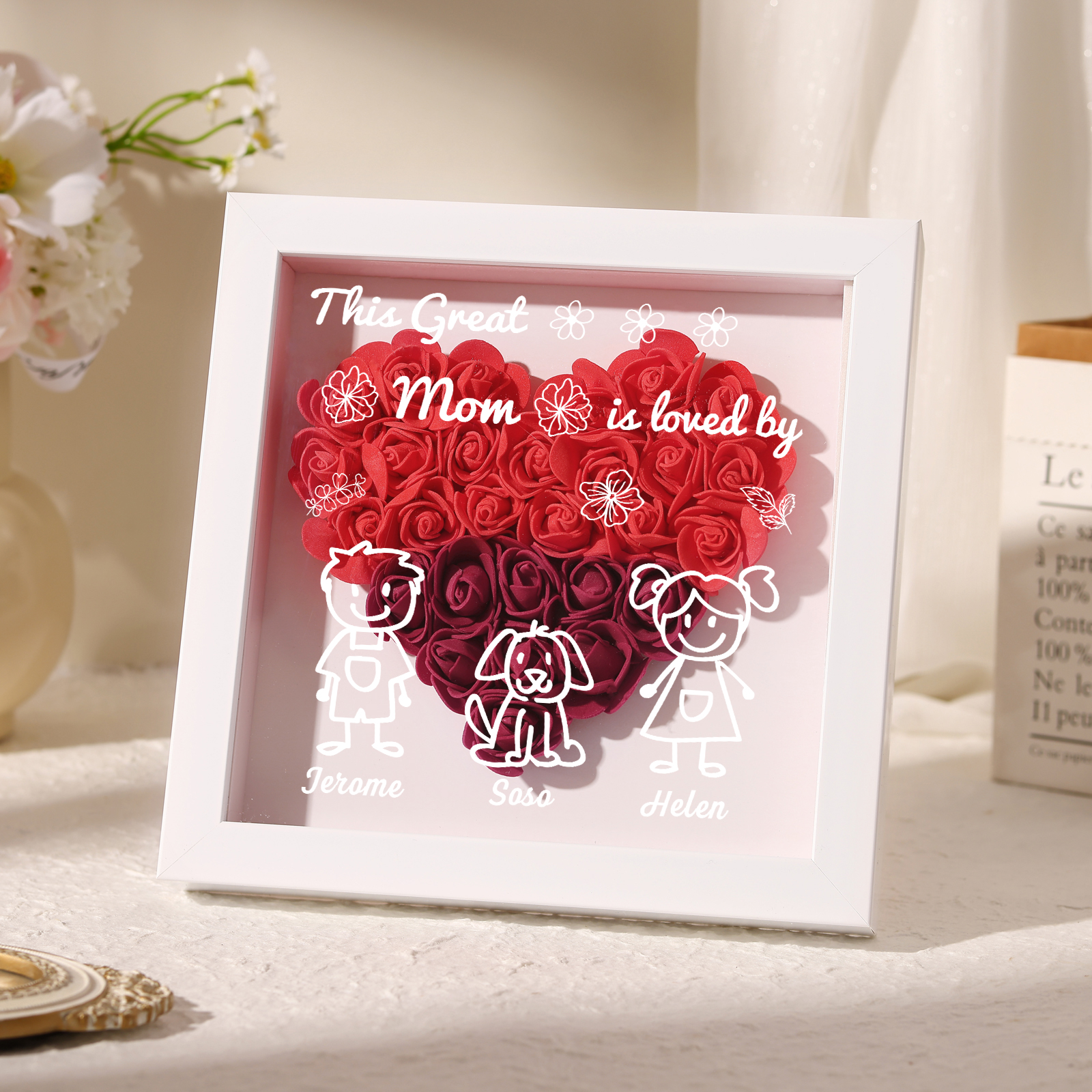 Personalized 3D Floral Shadow Box – Custom 3 Kids&Pets Names –This Gre