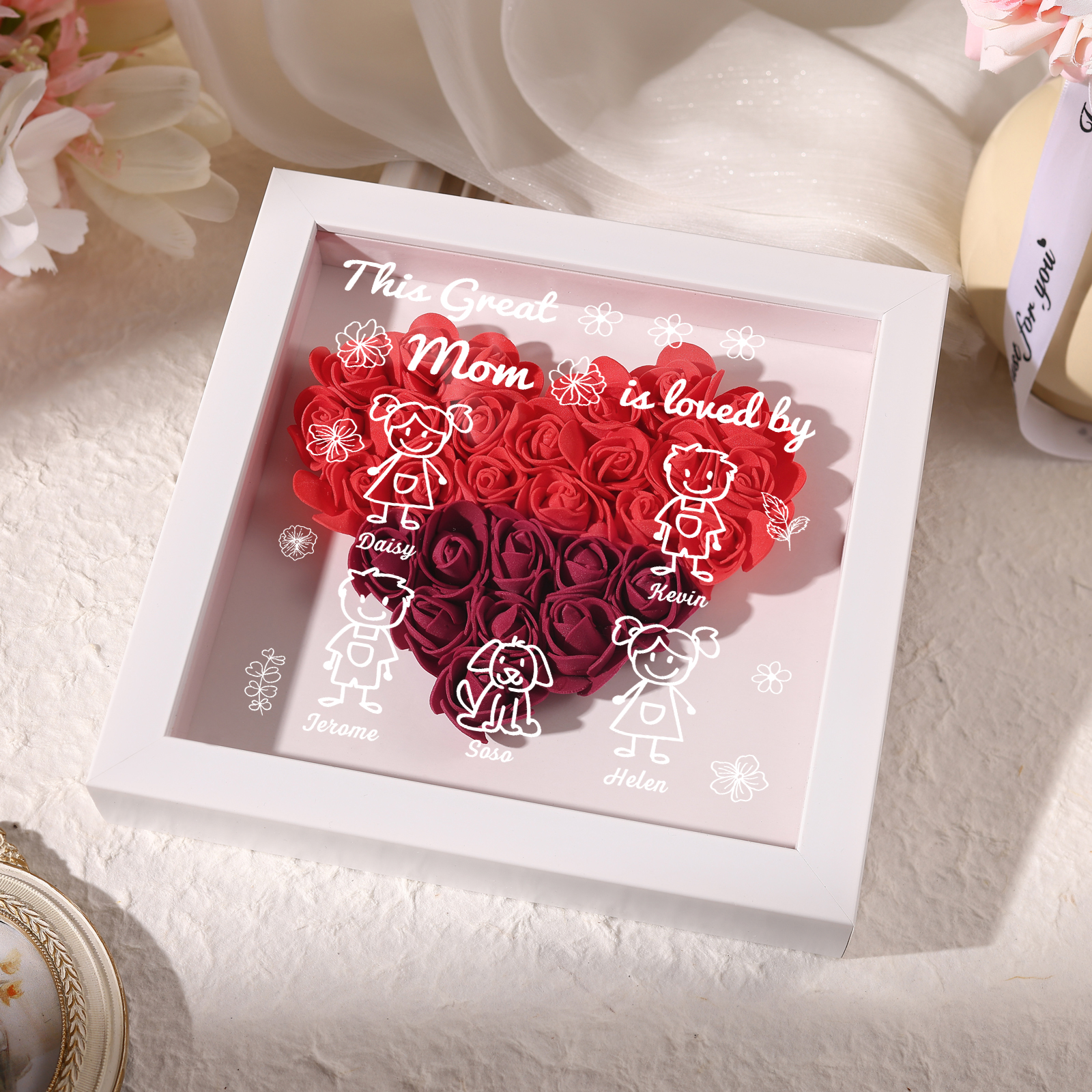 Personalized 3D Floral Shadow Box – Custom 5 Kids&Pets Names –This Great Mom Is Loved By- Gift for Mom, Grandma & Loved Ones| Lorajewel