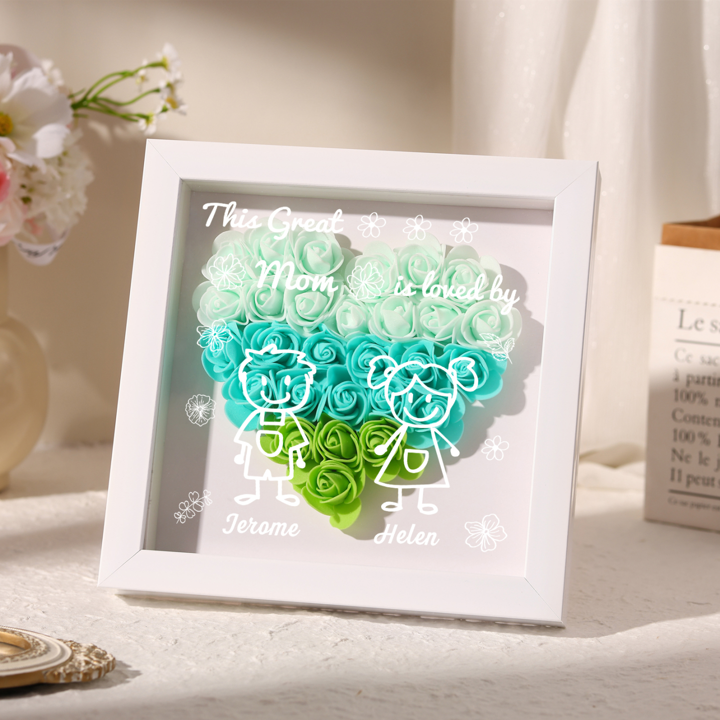 Personalized 3D Floral Shadow Box – Custom 2 Kids&Pets Names –This Great Mom Is Loved By- Gift for Mom, Grandma & Loved Ones| Lorajewel