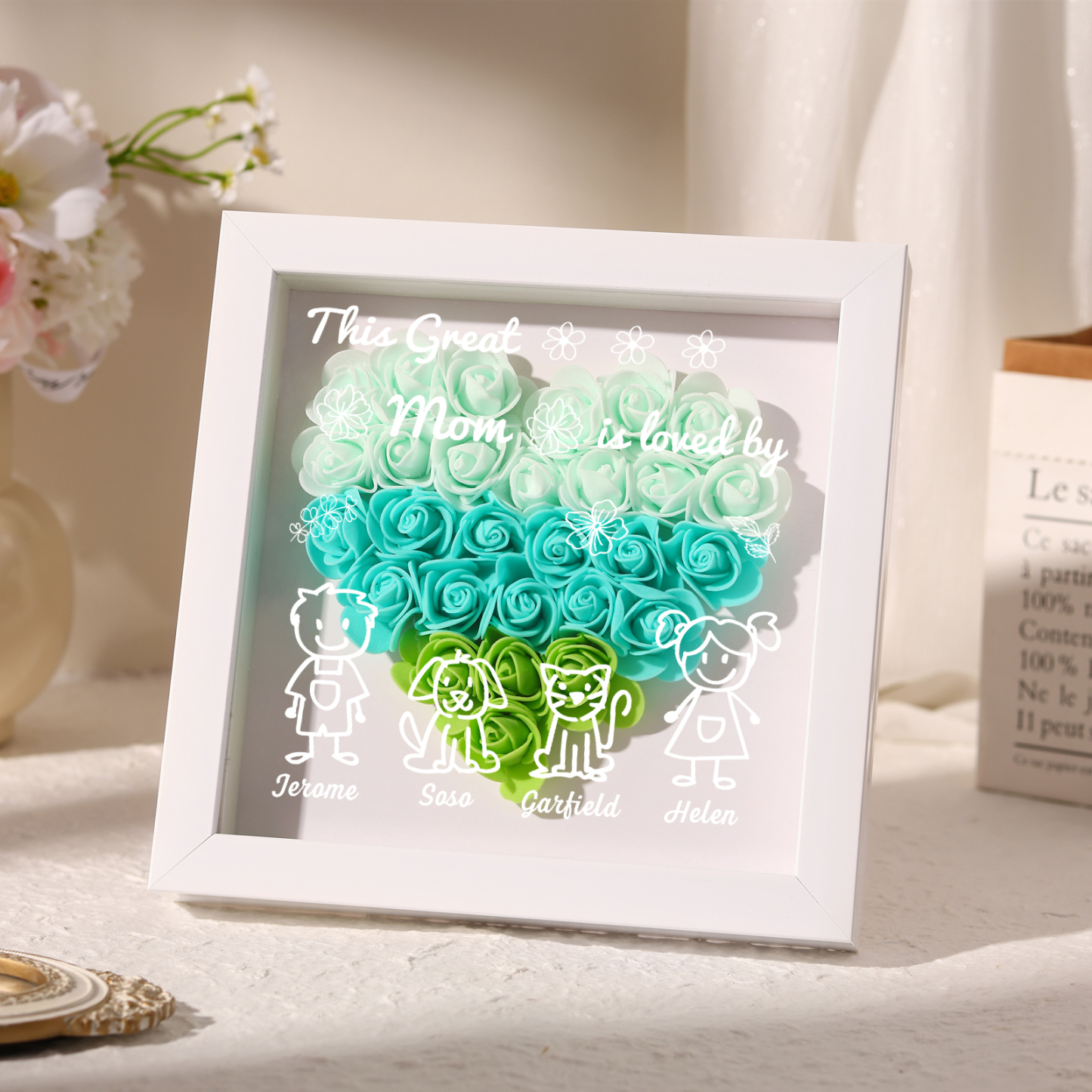 Personalized 3D Floral Shadow Box – Custom 4 Kids&Pets Names –This Great Mom Is Loved By- Gift for Mom, Grandma & Loved Ones| Lorajewel